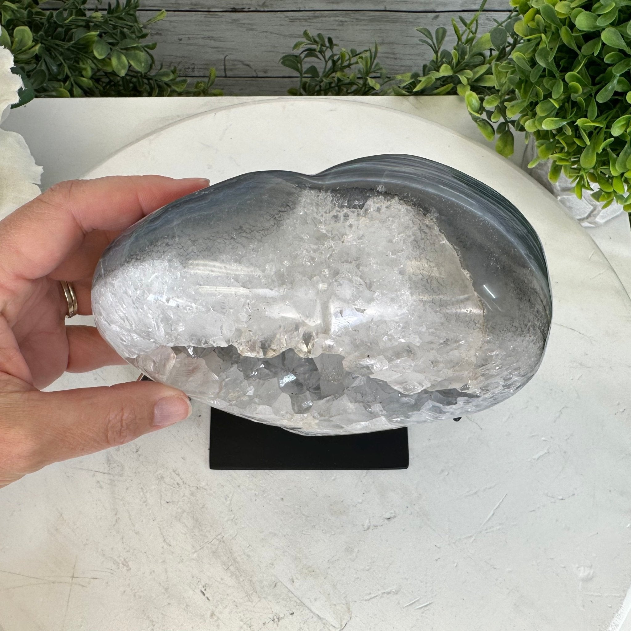 Polished Agate Heart Geode on a Metal Stand, 5.5 lbs & 6.6" Tall, Model #5468-0077 by Brazil Gems - Brazil GemsBrazil GemsPolished Agate Heart Geode on a Metal Stand, 5.5 lbs & 6.6" Tall, Model #5468-0077 by Brazil GemsHearts5468-0077
