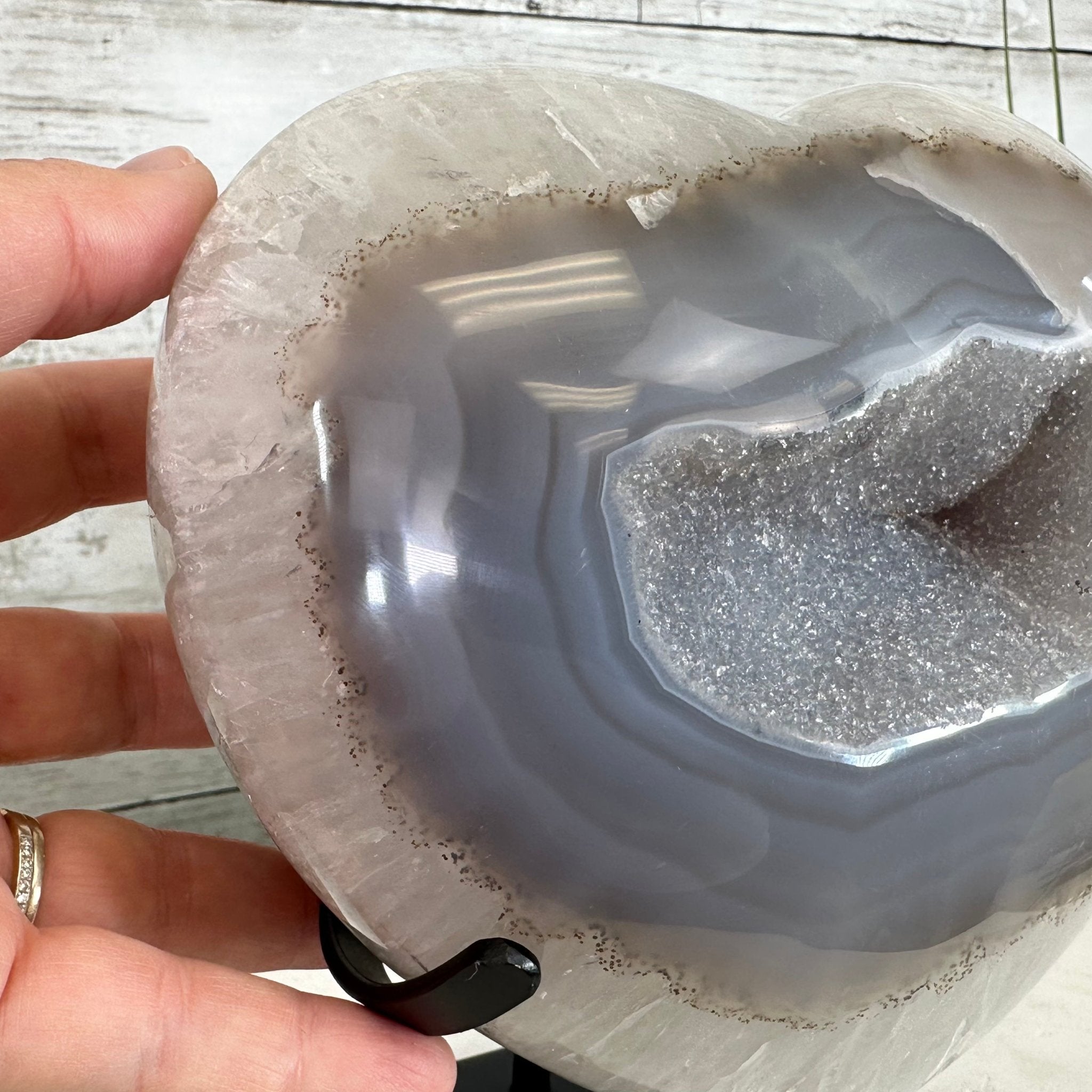 Polished Agate Heart Geode on a Metal Stand, 8.2 lbs & 8.25" Tall, Model #5468-0079 by Brazil Gems - Brazil GemsBrazil GemsPolished Agate Heart Geode on a Metal Stand, 8.2 lbs & 8.25" Tall, Model #5468-0079 by Brazil GemsHearts5468-0079