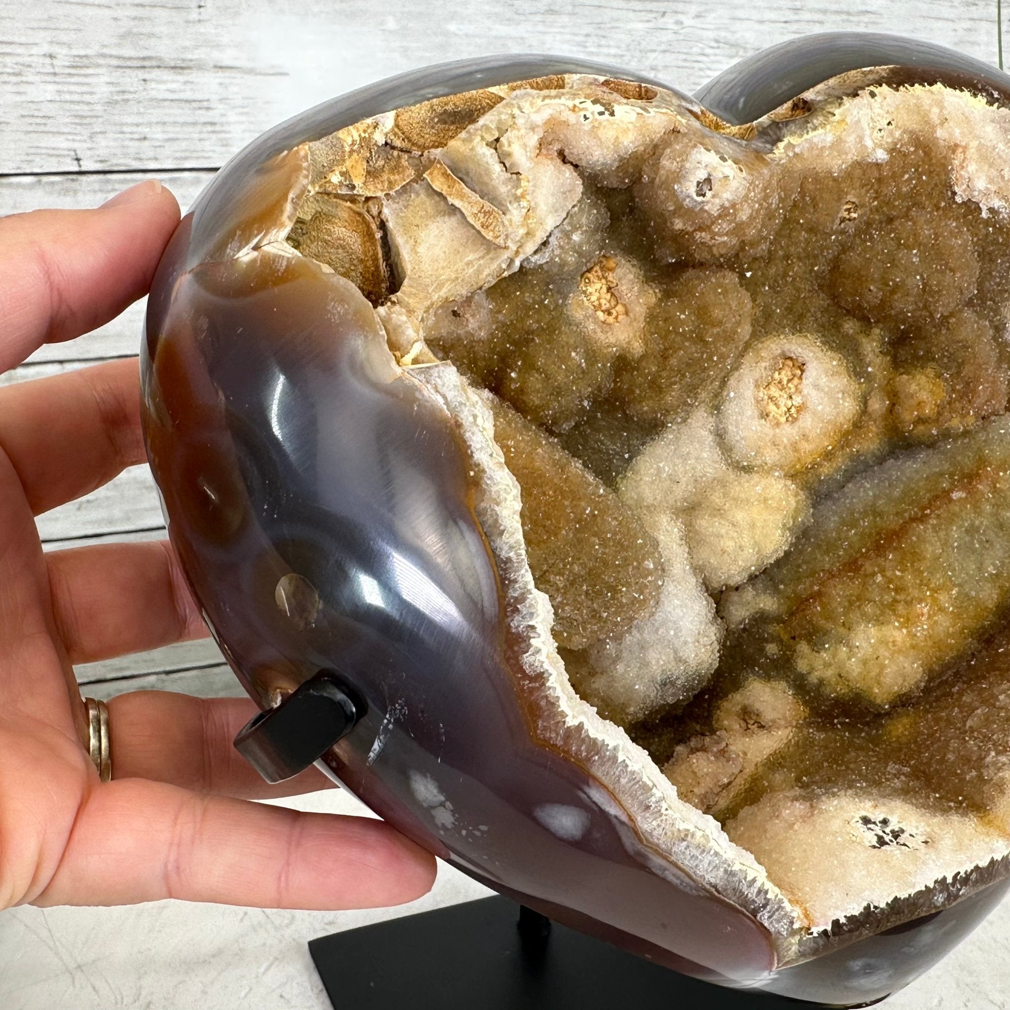 Polished Agate Heart Geode on a Metal Stand, 9.3 lbs & 9" Tall, Model #5468-0086 by Brazil Gems - Brazil GemsBrazil GemsPolished Agate Heart Geode on a Metal Stand, 9.3 lbs & 9" Tall, Model #5468-0086 by Brazil GemsHearts5468-0086