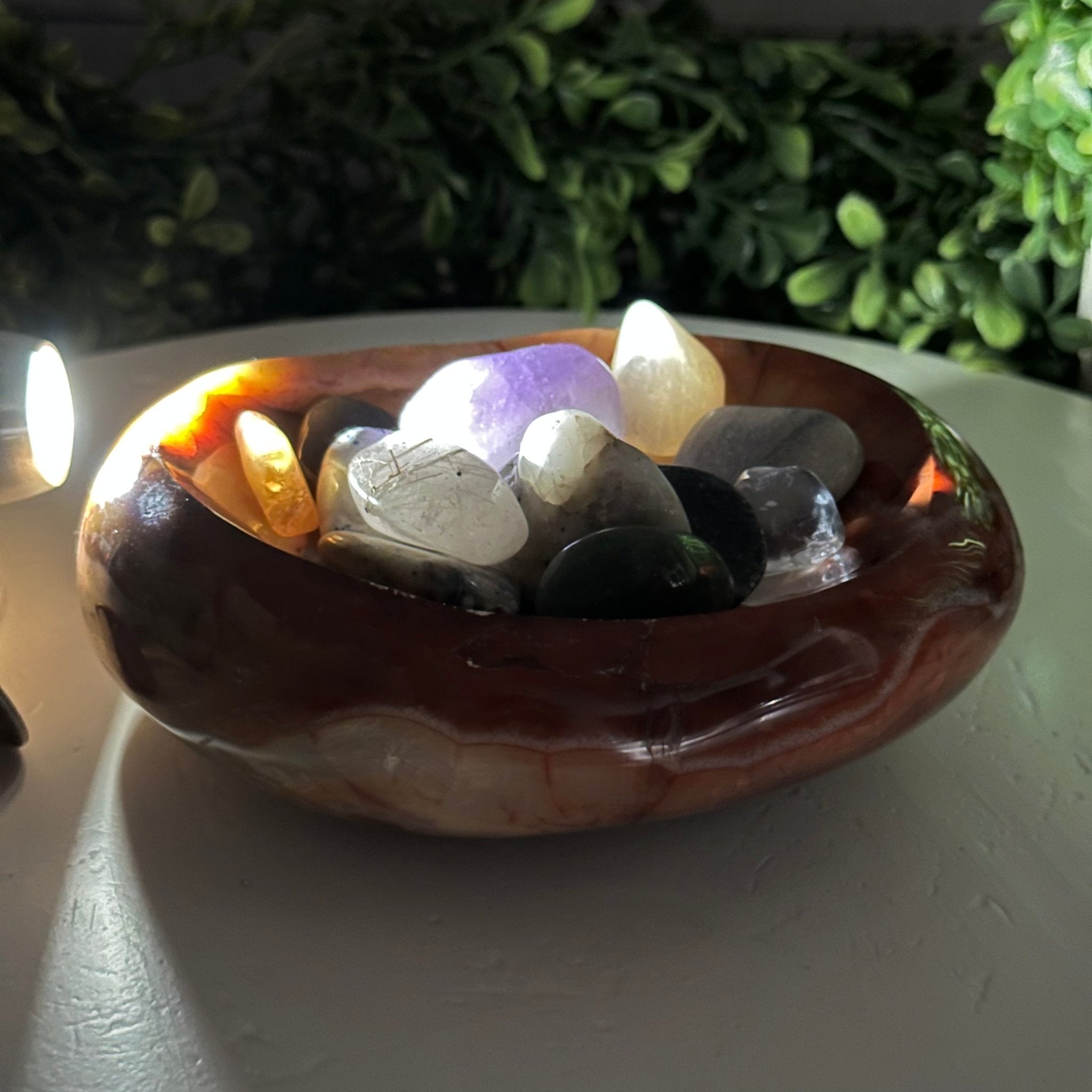 Polished Brazilian Carnelian Crystal Bowl w/ Tumbled Gemstones, 3.2 lbs Model #3350CA-005 by Brazil Gems - Brazil GemsBrazil GemsPolished Brazilian Carnelian Crystal Bowl w/ Tumbled Gemstones, 3.2 lbs Model #3350CA-005 by Brazil GemsBowls3350CA-005