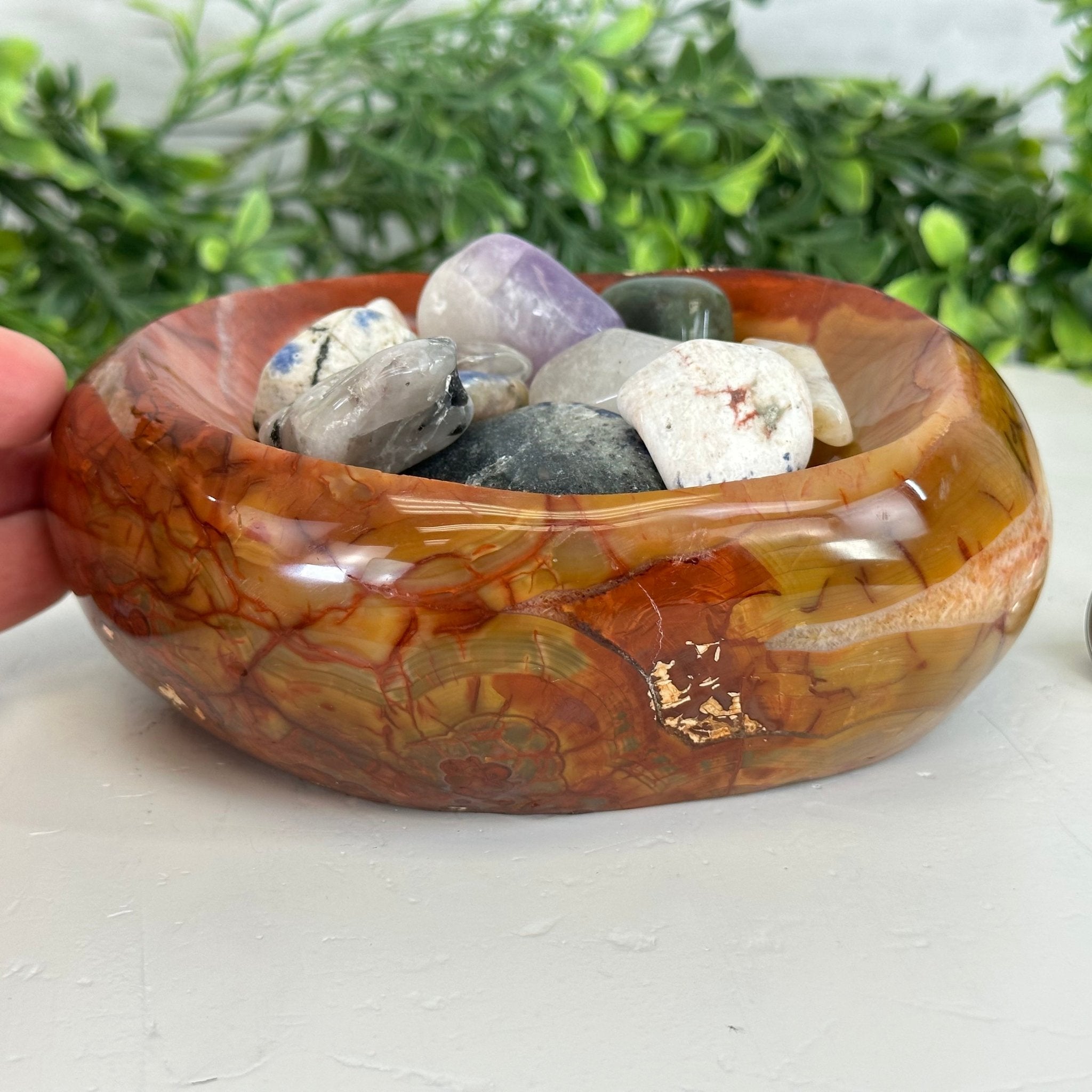 Polished Brazilian Carnelian Crystal Bowl w/ Tumbled Gemstones, 3.2 lbs Model #3350CA-005 by Brazil Gems - Brazil GemsBrazil GemsPolished Brazilian Carnelian Crystal Bowl w/ Tumbled Gemstones, 3.2 lbs Model #3350CA-005 by Brazil GemsBowls3350CA-005