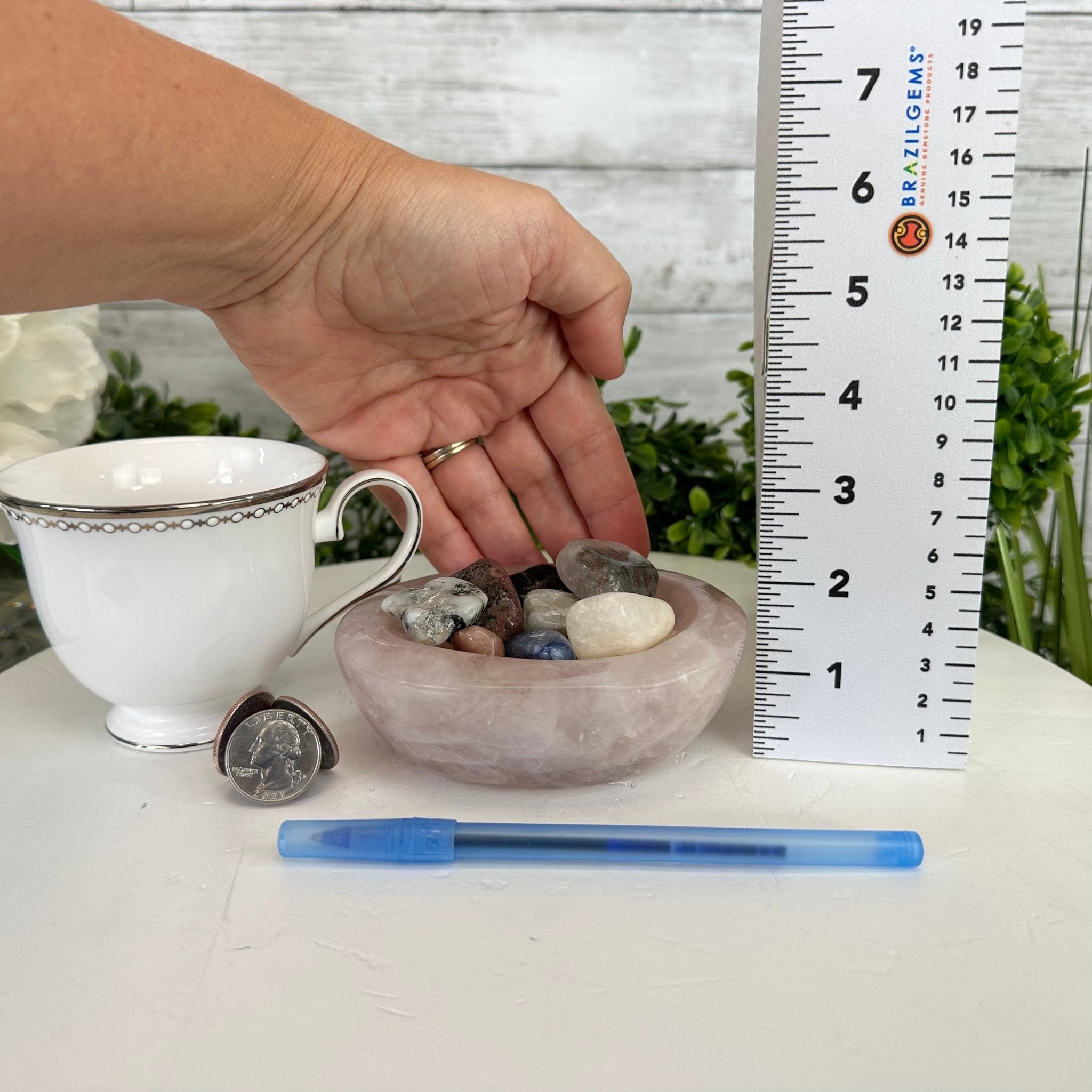 Polished Brazilian Rose Quartz Crystal Bowl w/ Tumbled Gemstones, 1.7 lbs Model #3350RQ-003 by Brazil Gems - Brazil GemsBrazil GemsPolished Brazilian Rose Quartz Crystal Bowl w/ Tumbled Gemstones, 1.7 lbs Model #3350RQ-003 by Brazil GemsBowls3350RQ-003