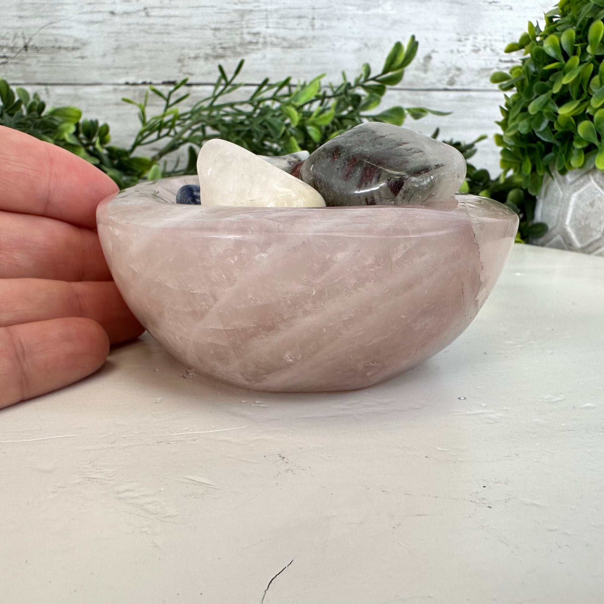 Polished Brazilian Rose Quartz Crystal Bowl w/ Tumbled Gemstones, 1.7 lbs Model #3350RQ-003 by Brazil Gems - Brazil GemsBrazil GemsPolished Brazilian Rose Quartz Crystal Bowl w/ Tumbled Gemstones, 1.7 lbs Model #3350RQ-003 by Brazil GemsBowls3350RQ-003