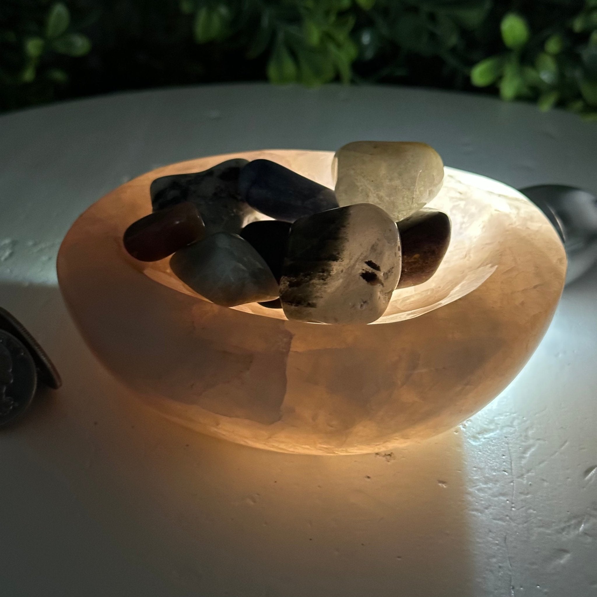 Polished Brazilian Rose Quartz Crystal Bowl w/ Tumbled Gemstones, 1.7 lbs Model #3350RQ-003 by Brazil Gems - Brazil GemsBrazil GemsPolished Brazilian Rose Quartz Crystal Bowl w/ Tumbled Gemstones, 1.7 lbs Model #3350RQ-003 by Brazil GemsBowls3350RQ-003