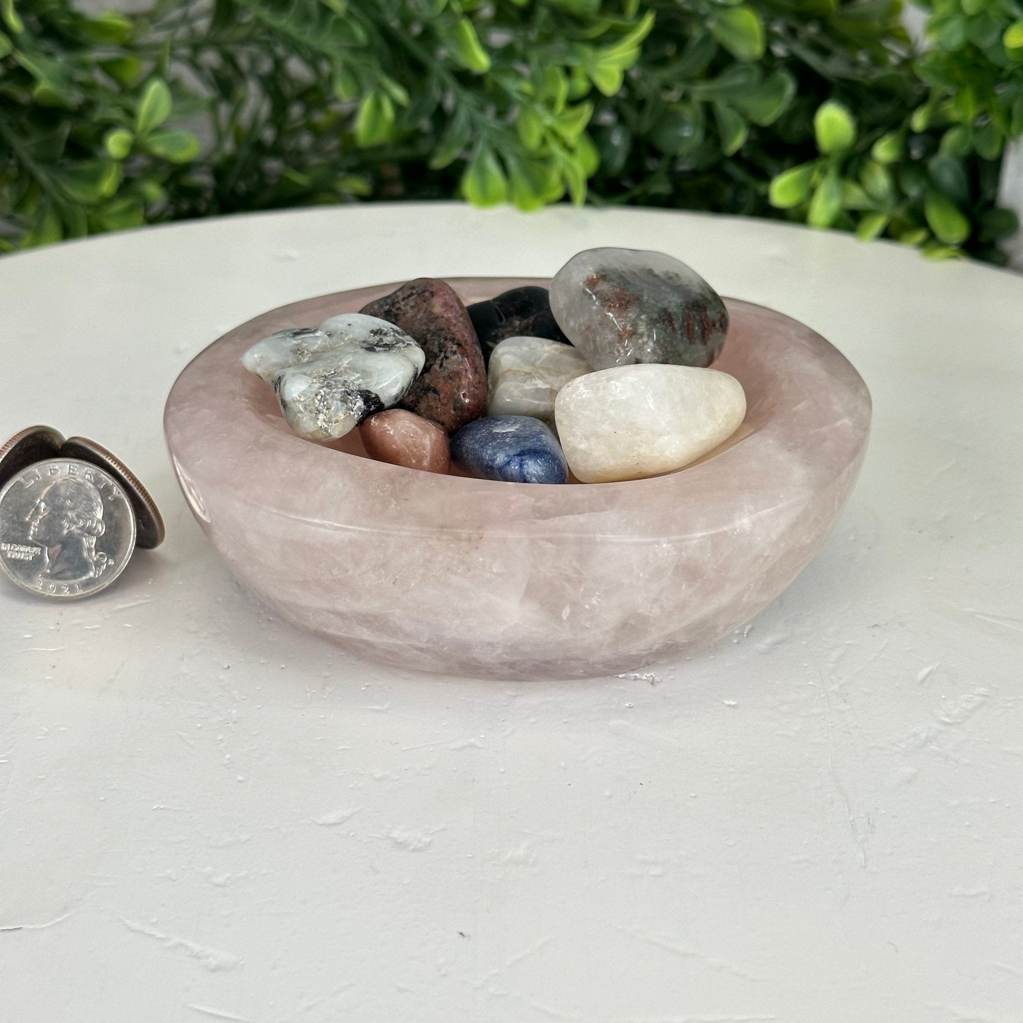 Polished Brazilian Rose Quartz Crystal Bowl w/ Tumbled Gemstones, 1.7 lbs Model #3350RQ-003 by Brazil Gems - Brazil GemsBrazil GemsPolished Brazilian Rose Quartz Crystal Bowl w/ Tumbled Gemstones, 1.7 lbs Model #3350RQ-003 by Brazil GemsBowls3350RQ-003