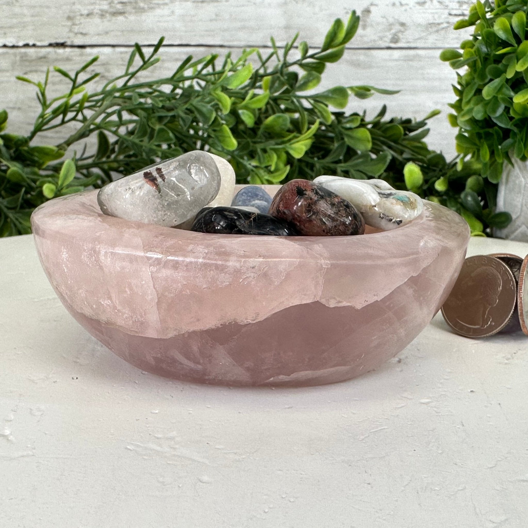 Polished Brazilian Rose Quartz Crystal Bowl w/ Tumbled Gemstones, 1.7 lbs Model #3350RQ-003 by Brazil Gems - Brazil GemsBrazil GemsPolished Brazilian Rose Quartz Crystal Bowl w/ Tumbled Gemstones, 1.7 lbs Model #3350RQ-003 by Brazil GemsBowls3350RQ-003
