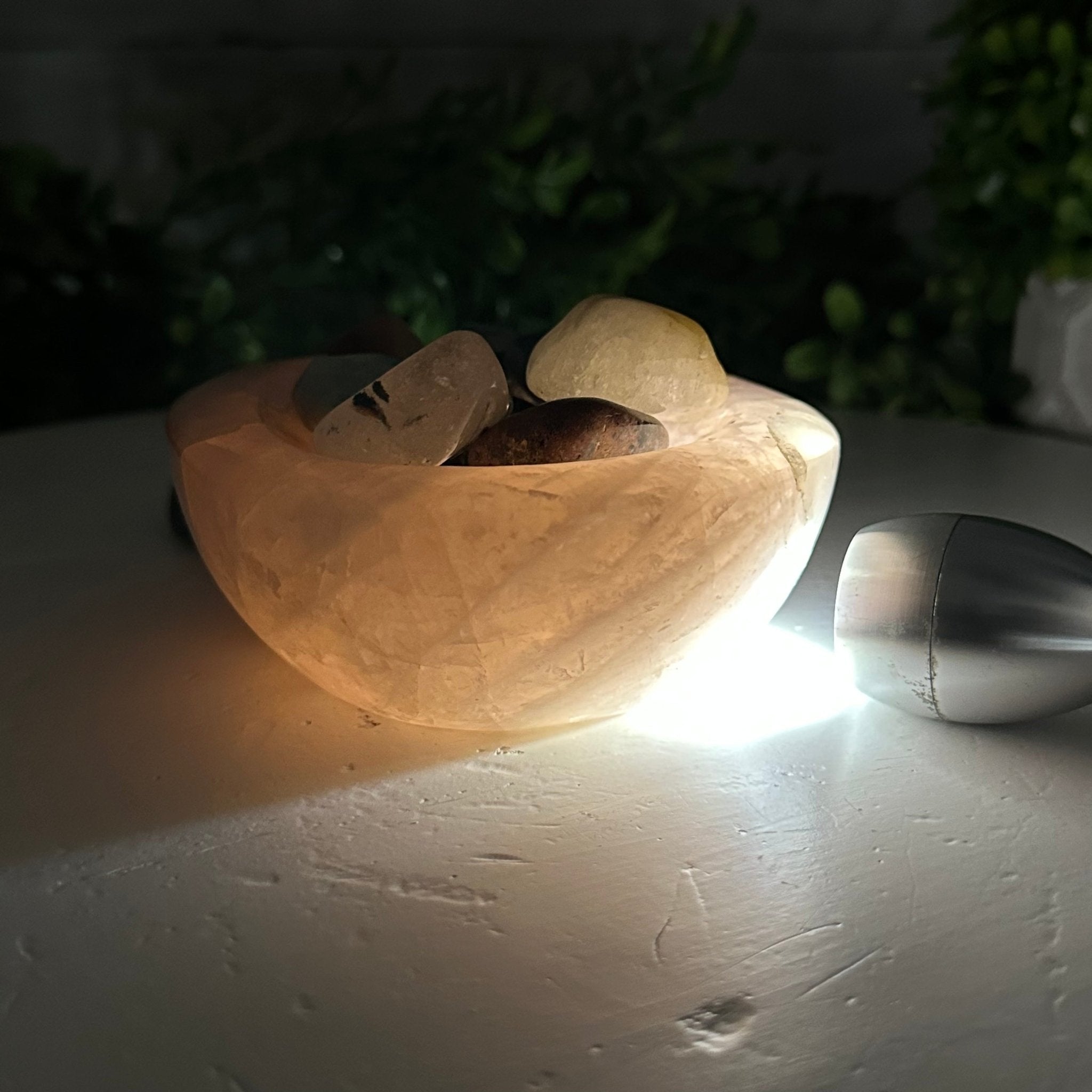Polished Brazilian Rose Quartz Crystal Bowl w/ Tumbled Gemstones, 1.7 lbs Model #3350RQ-003 by Brazil Gems - Brazil GemsBrazil GemsPolished Brazilian Rose Quartz Crystal Bowl w/ Tumbled Gemstones, 1.7 lbs Model #3350RQ-003 by Brazil GemsBowls3350RQ-003