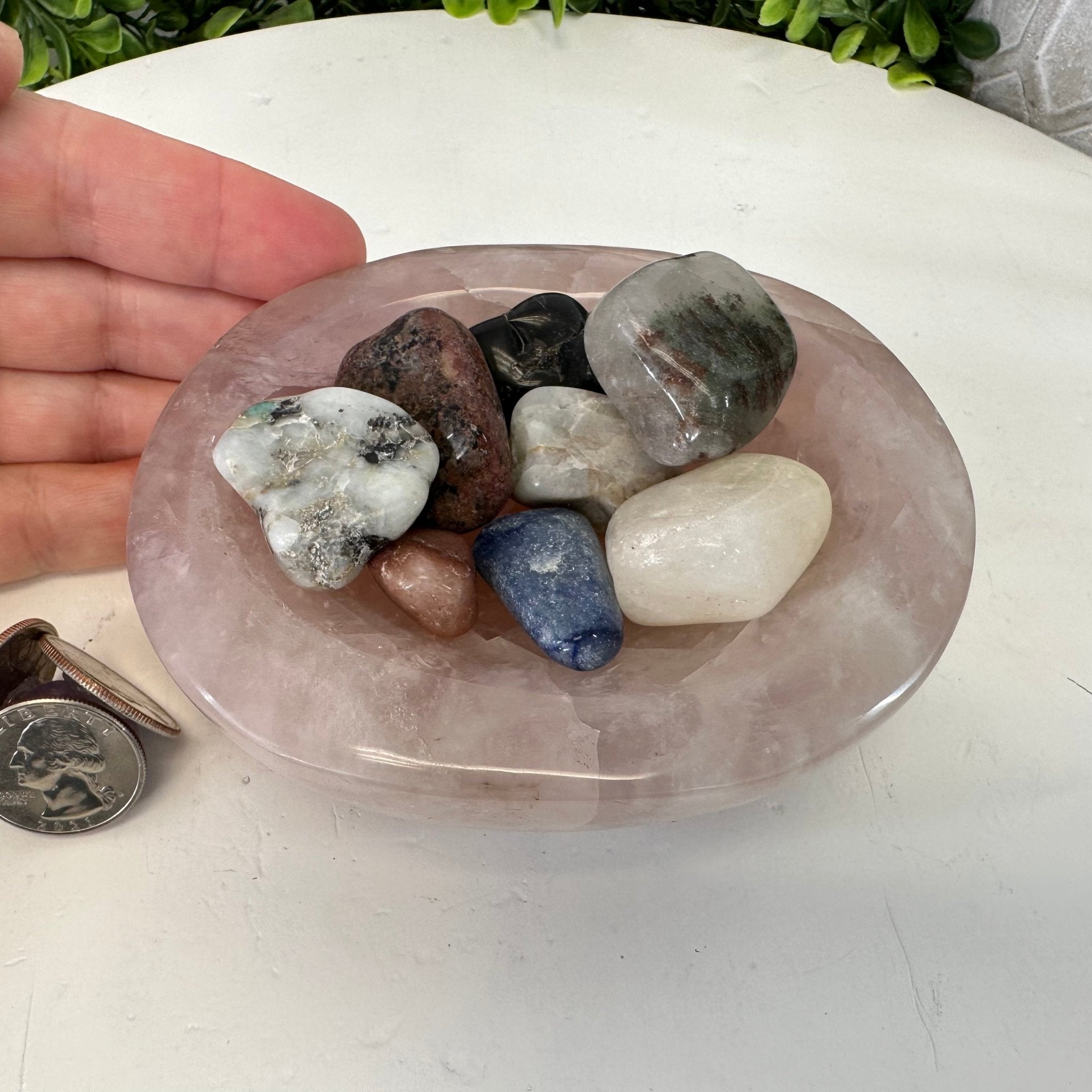 Polished Brazilian Rose Quartz Crystal Bowl w/ Tumbled Gemstones, 1.7 lbs Model #3350RQ-003 by Brazil Gems - Brazil GemsBrazil GemsPolished Brazilian Rose Quartz Crystal Bowl w/ Tumbled Gemstones, 1.7 lbs Model #3350RQ-003 by Brazil GemsBowls3350RQ-003