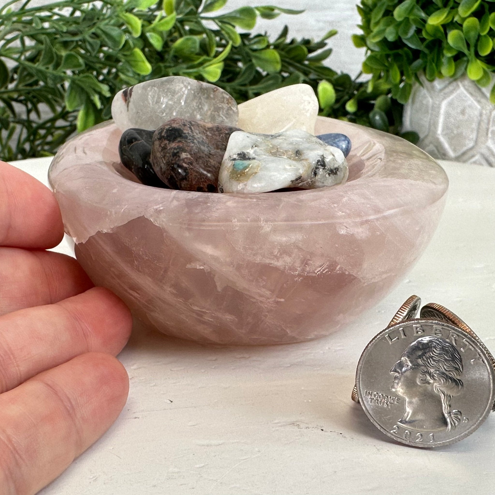 Polished Brazilian Rose Quartz Crystal Bowl w/ Tumbled Gemstones, 1.7 lbs Model #3350RQ-003 by Brazil Gems - Brazil GemsBrazil GemsPolished Brazilian Rose Quartz Crystal Bowl w/ Tumbled Gemstones, 1.7 lbs Model #3350RQ-003 by Brazil GemsBowls3350RQ-003