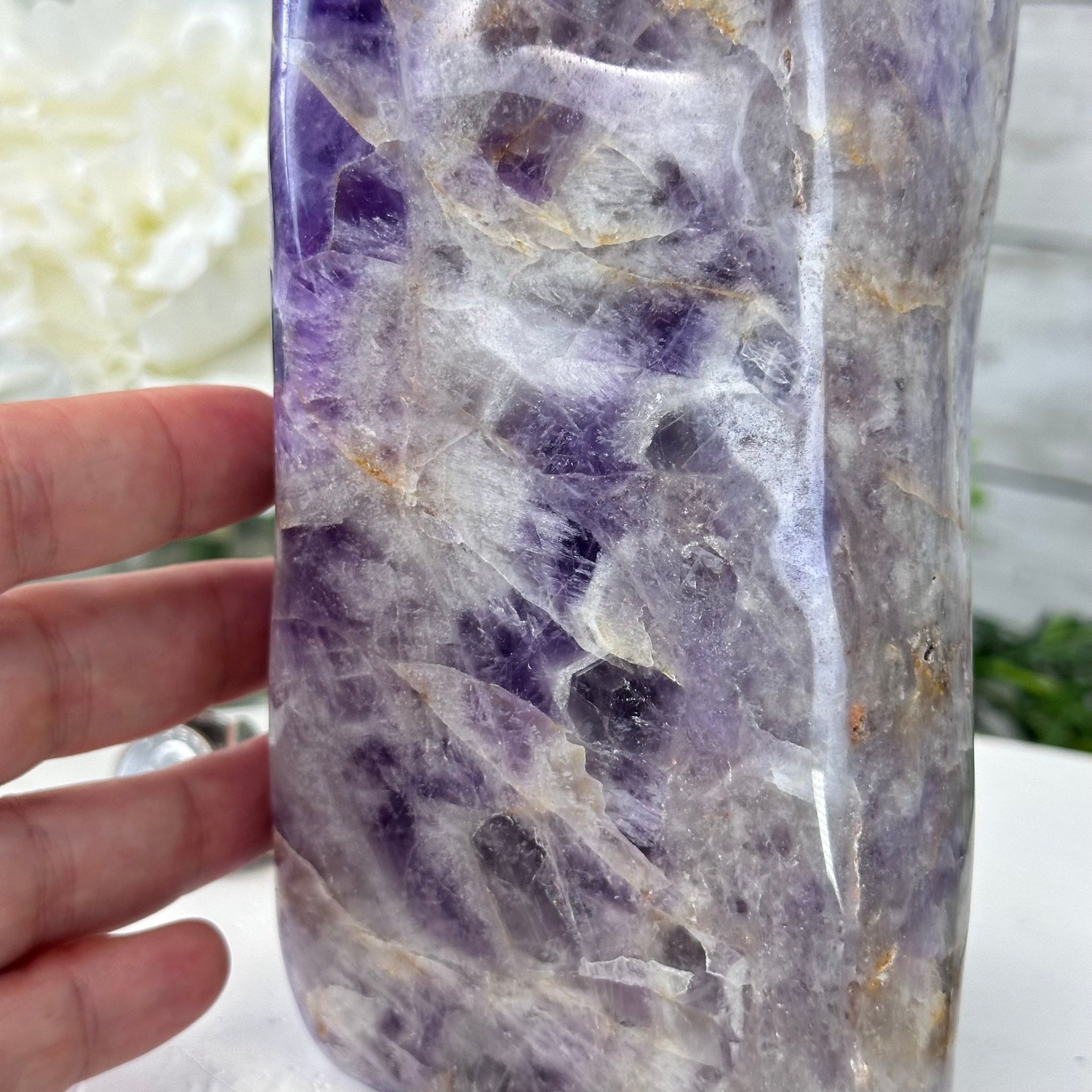 Polished Freeform Chevron Amethyst Gemstone, 6.8 lbs & 9.1” Tall #3301AM-002 - Brazil GemsBrazil GemsPolished Freeform Chevron Amethyst Gemstone, 6.8 lbs & 9.1” Tall #3301AM-002Freeform & Unique Shapes3301AM-002