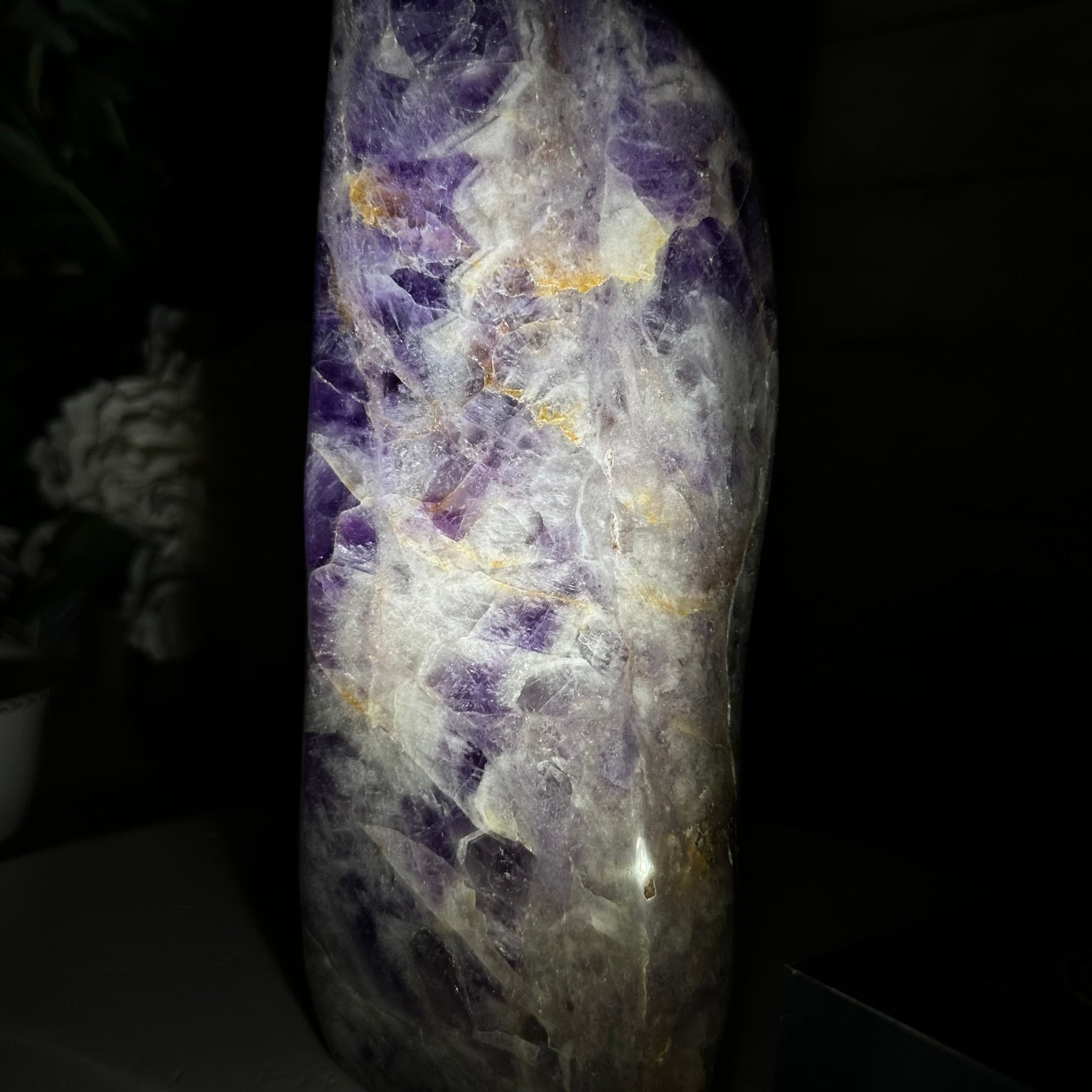 Polished Freeform Chevron Amethyst Gemstone, 6.8 lbs & 9.1” Tall #3301AM-002 - Brazil GemsBrazil GemsPolished Freeform Chevron Amethyst Gemstone, 6.8 lbs & 9.1” Tall #3301AM-002Freeform & Unique Shapes3301AM-002