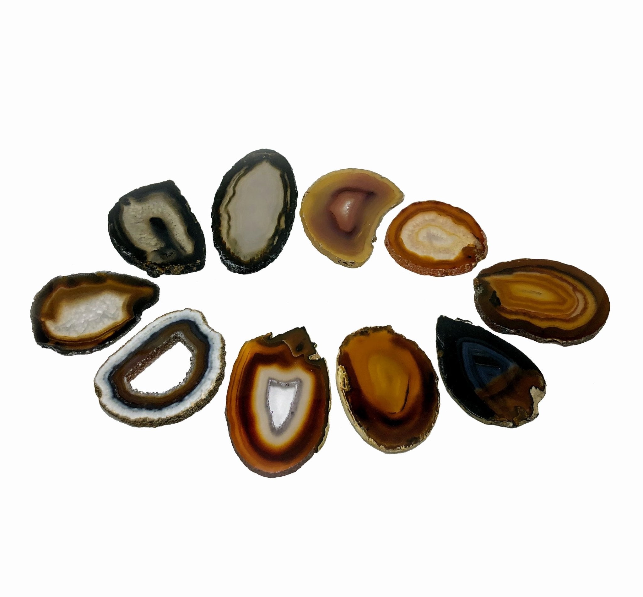 Polished Natural Agate slices, No drilled pendant hole, 10 slices Model #5052NANO - Brazil GemsBrazil GemsPolished Natural Agate slices, No drilled pendant hole, 10 slices Model #5052NANOSlices for Crafts5052NANO