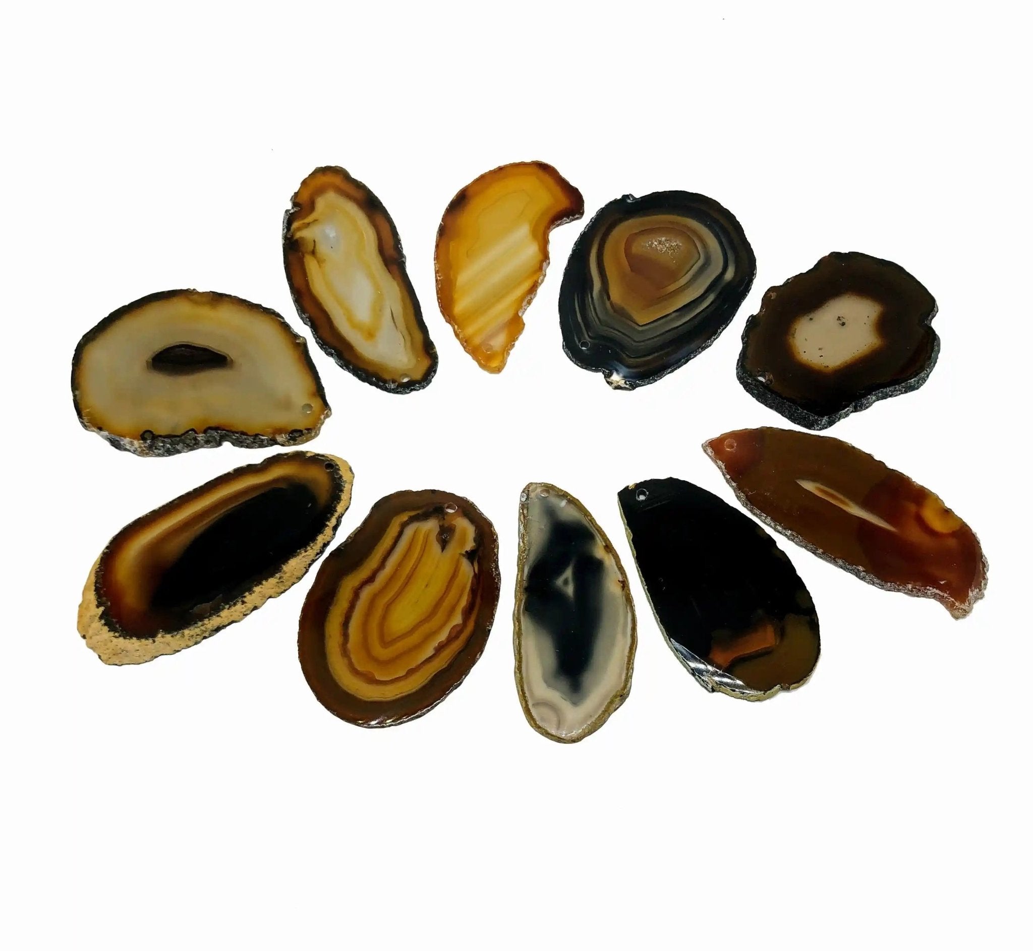 Polished Natural Agate slices w/ top drilled pendant hole, 10 slices Model #5051NAHL - Brazil GemsBrazil GemsPolished Natural Agate slices w/ top drilled pendant hole, 10 slices Model #5051NAHLSlices for Crafts5051NAHL