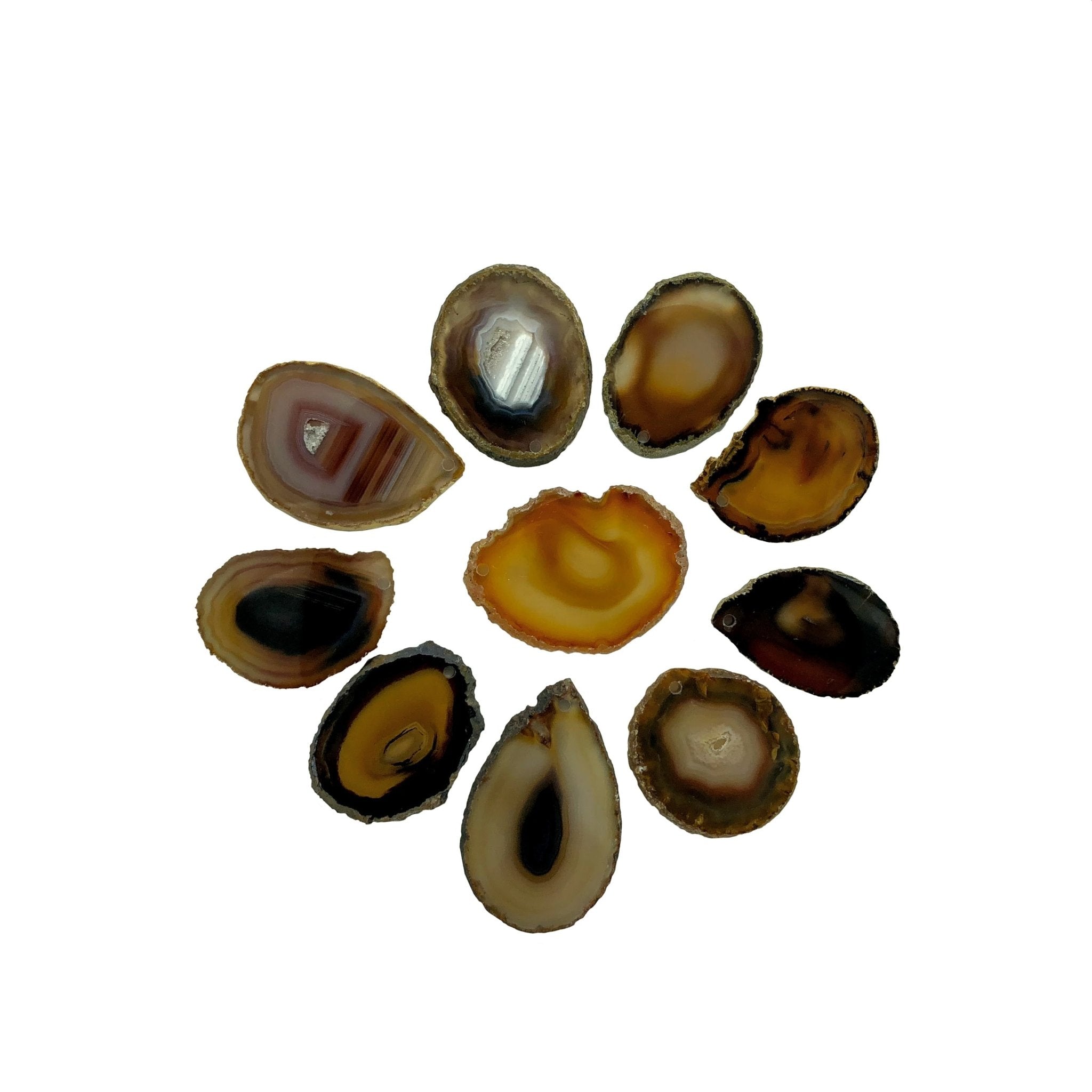 Polished Natural Agate slices w/ top drilled pendant hole, 10 slices Model #5051NAHL - Brazil GemsBrazil GemsPolished Natural Agate slices w/ top drilled pendant hole, 10 slices Model #5051NAHLSlices for Crafts5051NAHL