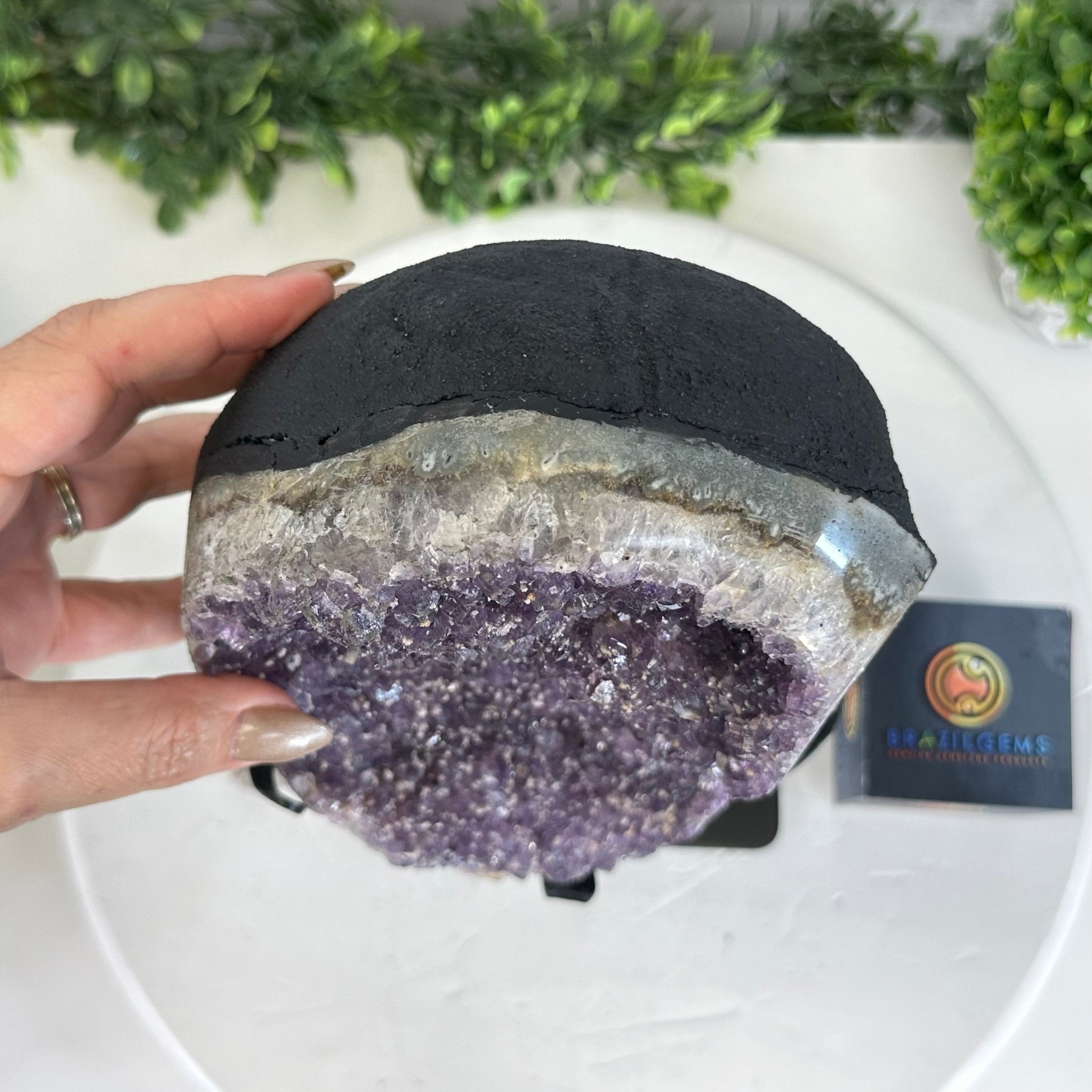 Quality Amethyst Cluster on a Metal Base, 10.9 lbs & 12.25" Tall #5491 - 0047 - Brazil GemsBrazil GemsQuality Amethyst Cluster on a Metal Base, 10.9 lbs & 12.25" Tall #5491 - 0047Clusters on Fixed Bases5491 - 0047