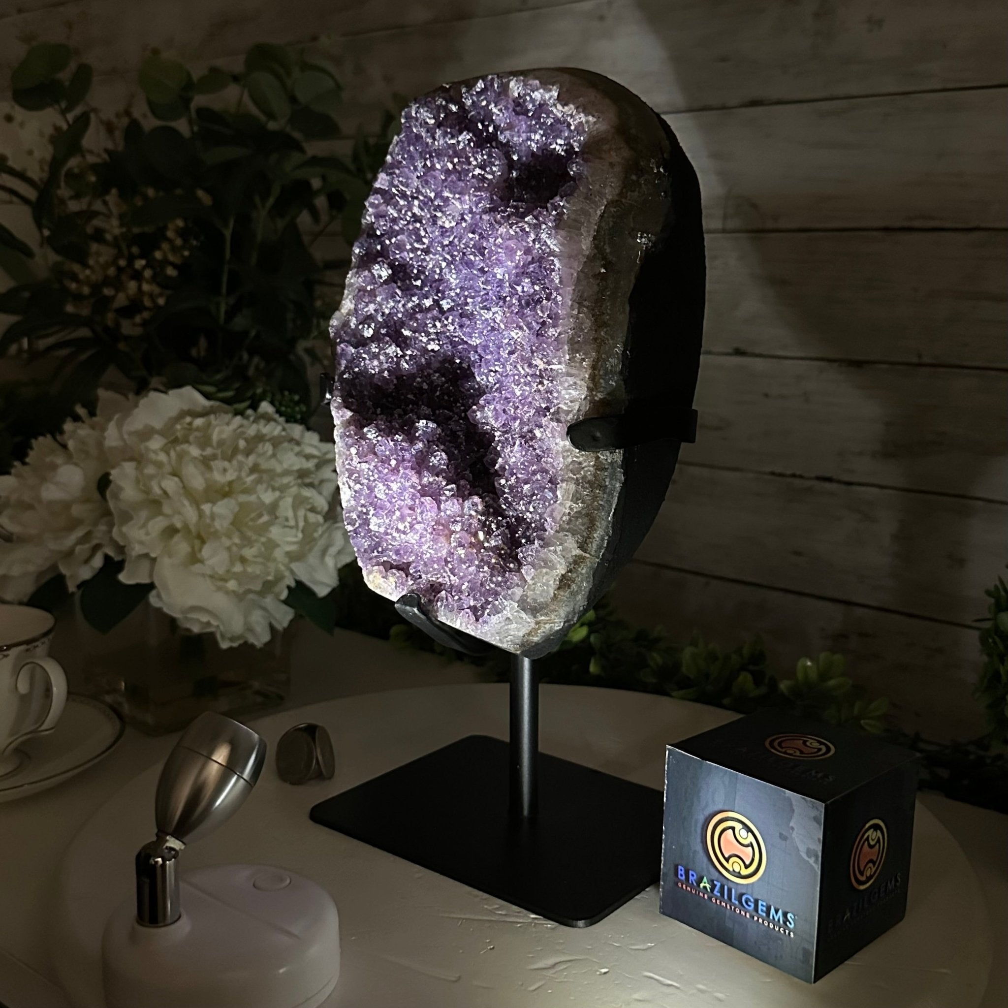Quality Amethyst Cluster on a Metal Base, 10.9 lbs & 12.25" Tall #5491 - 0047 - Brazil GemsBrazil GemsQuality Amethyst Cluster on a Metal Base, 10.9 lbs & 12.25" Tall #5491 - 0047Clusters on Fixed Bases5491 - 0047