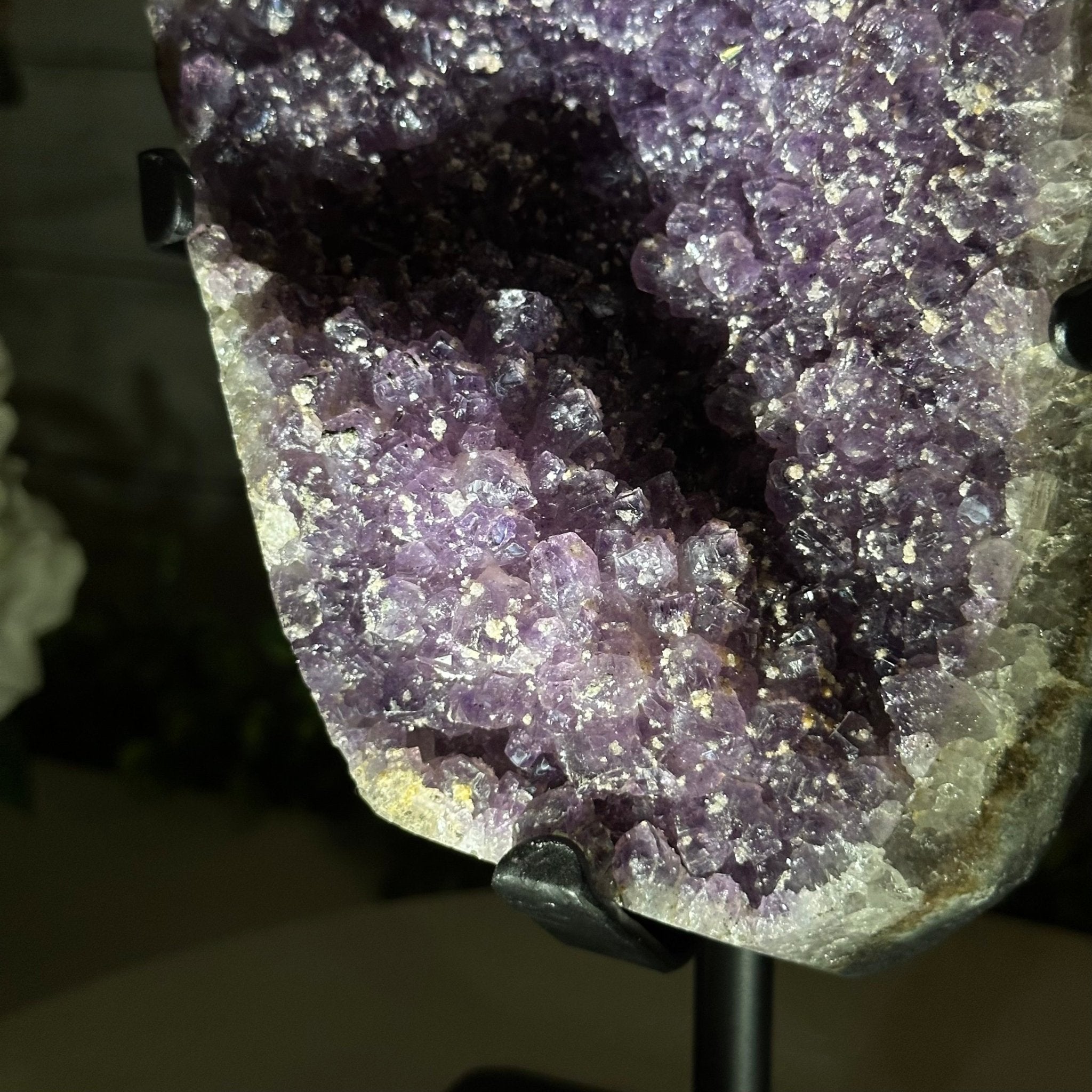 Quality Amethyst Cluster on a Metal Base, 10.9 lbs & 12.25" Tall #5491 - 0047 - Brazil GemsBrazil GemsQuality Amethyst Cluster on a Metal Base, 10.9 lbs & 12.25" Tall #5491 - 0047Clusters on Fixed Bases5491 - 0047