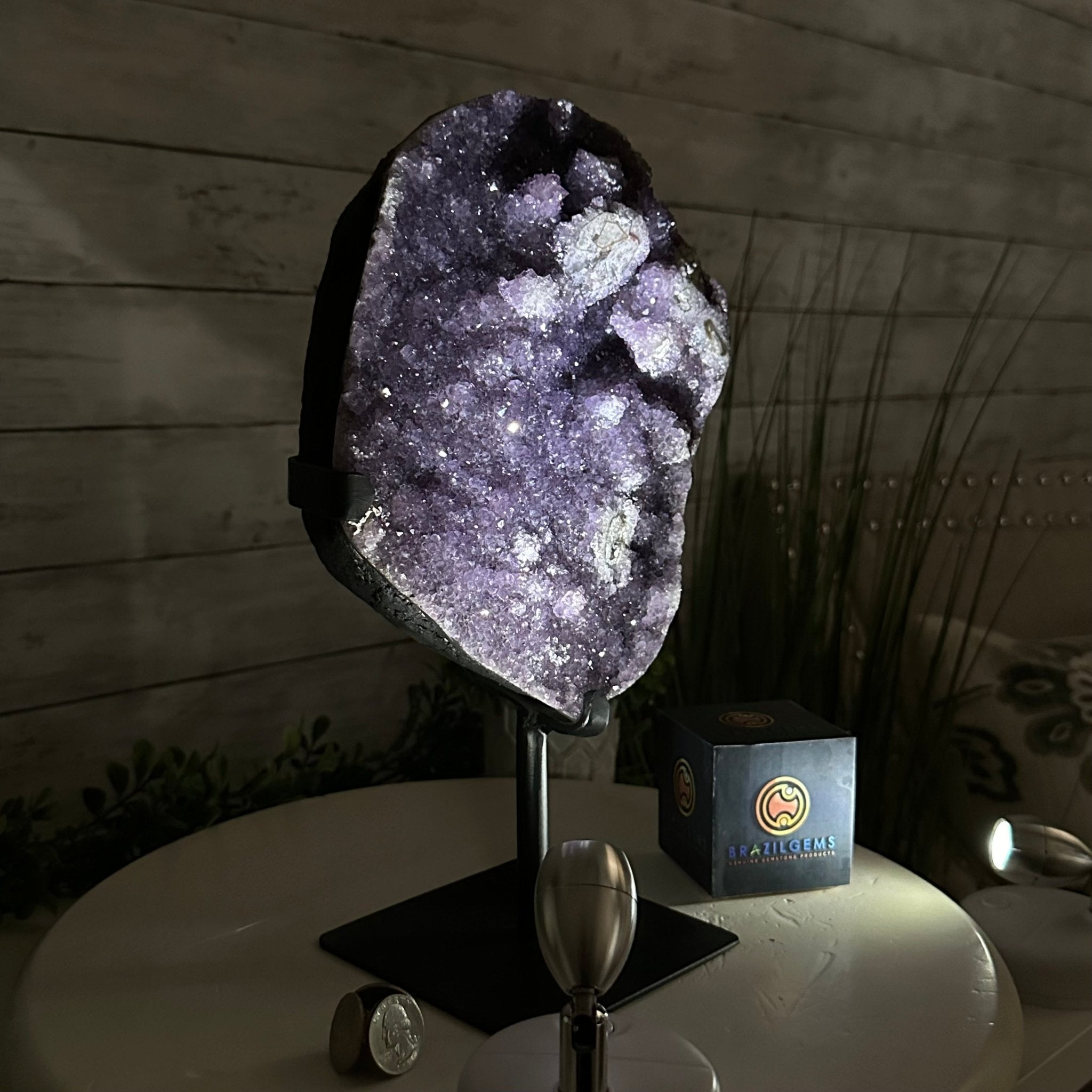 Quality Amethyst Cluster on a Metal Base, 12.7 lbs & 12.75" Tall #5491 - 0044 - Brazil GemsBrazil GemsQuality Amethyst Cluster on a Metal Base, 12.7 lbs & 12.75" Tall #5491 - 0044Clusters on Fixed Bases5491 - 0044