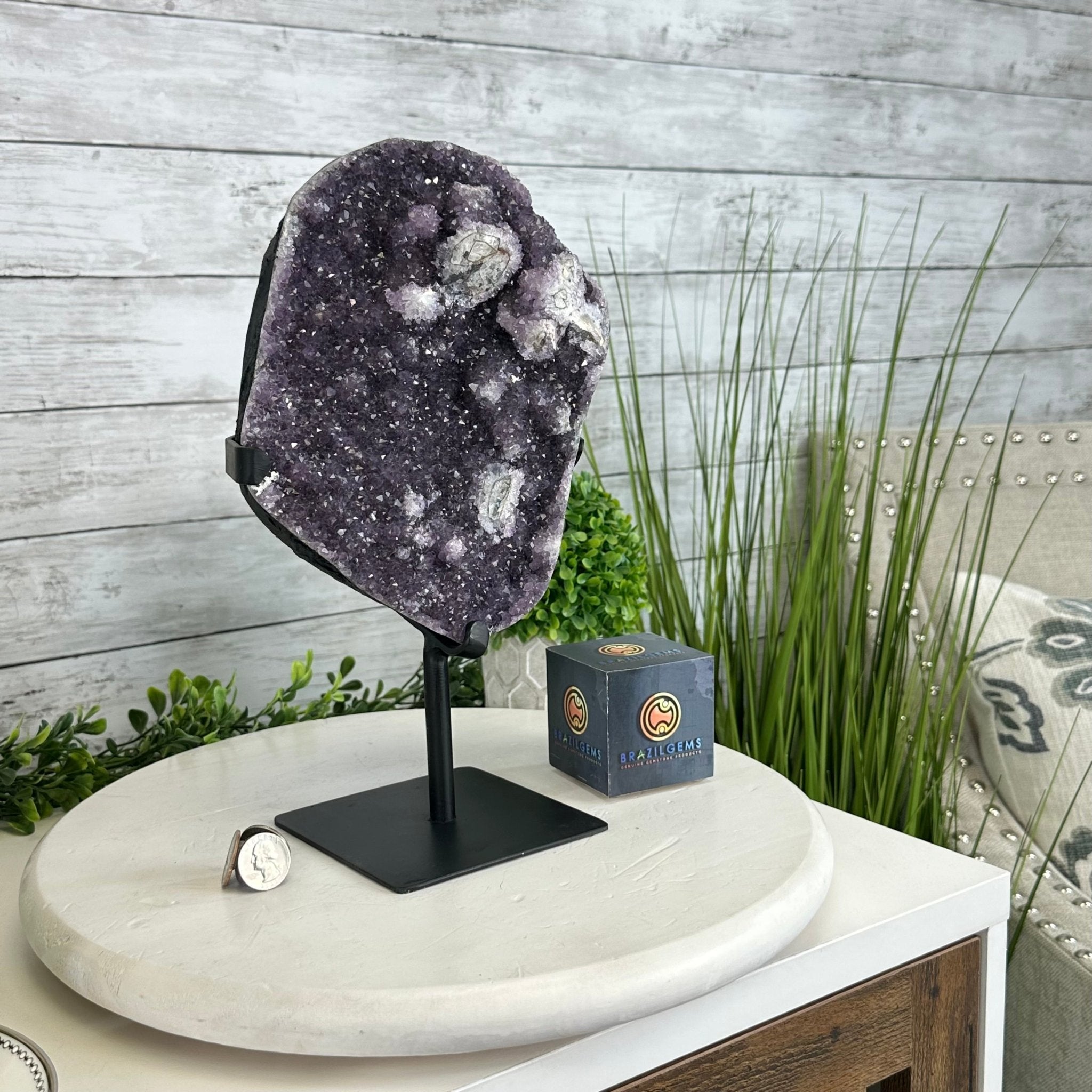 Quality Amethyst Cluster on a Metal Base, 12.7 lbs & 12.75" Tall #5491 - 0044 - Brazil GemsBrazil GemsQuality Amethyst Cluster on a Metal Base, 12.7 lbs & 12.75" Tall #5491 - 0044Clusters on Fixed Bases5491 - 0044