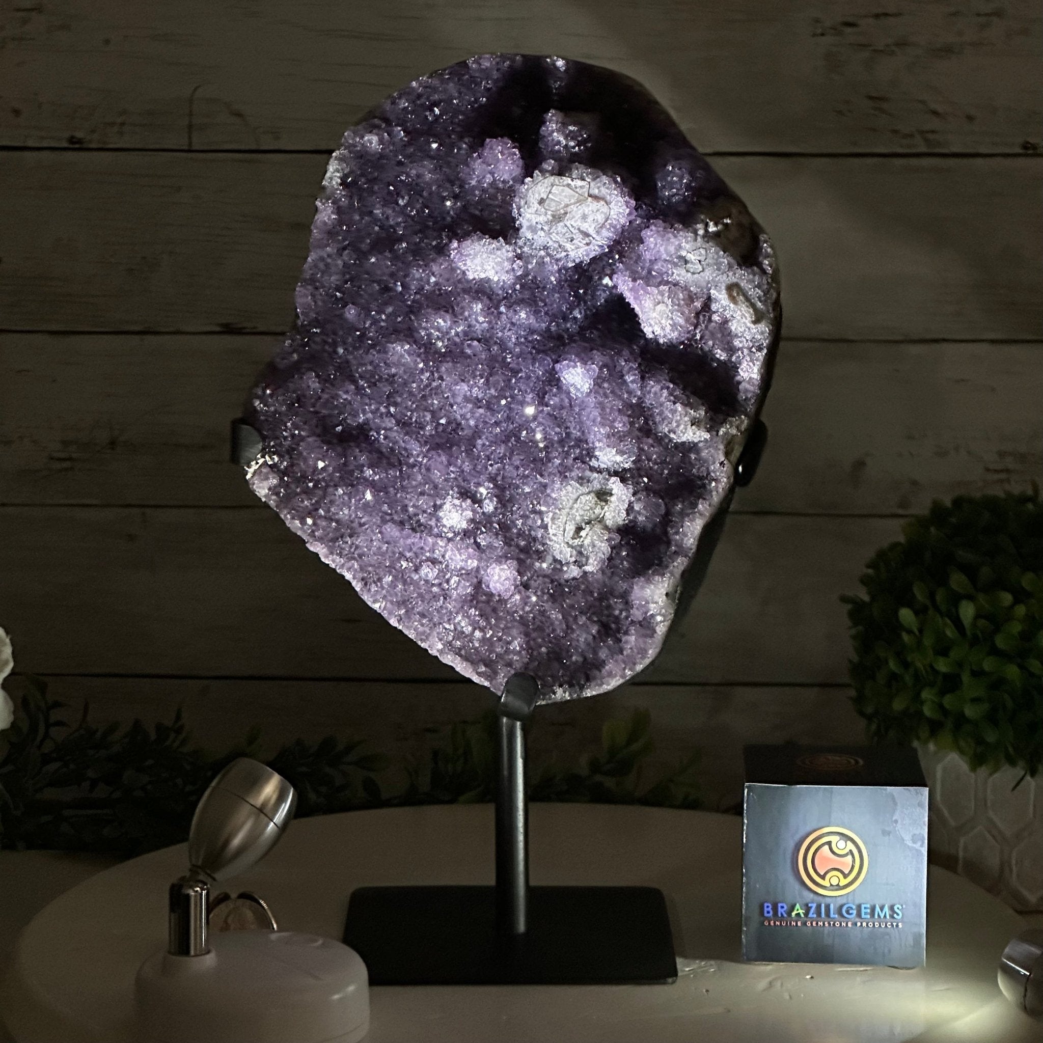 Quality Amethyst Cluster on a Metal Base, 12.7 lbs & 12.75" Tall #5491 - 0044 - Brazil GemsBrazil GemsQuality Amethyst Cluster on a Metal Base, 12.7 lbs & 12.75" Tall #5491 - 0044Clusters on Fixed Bases5491 - 0044