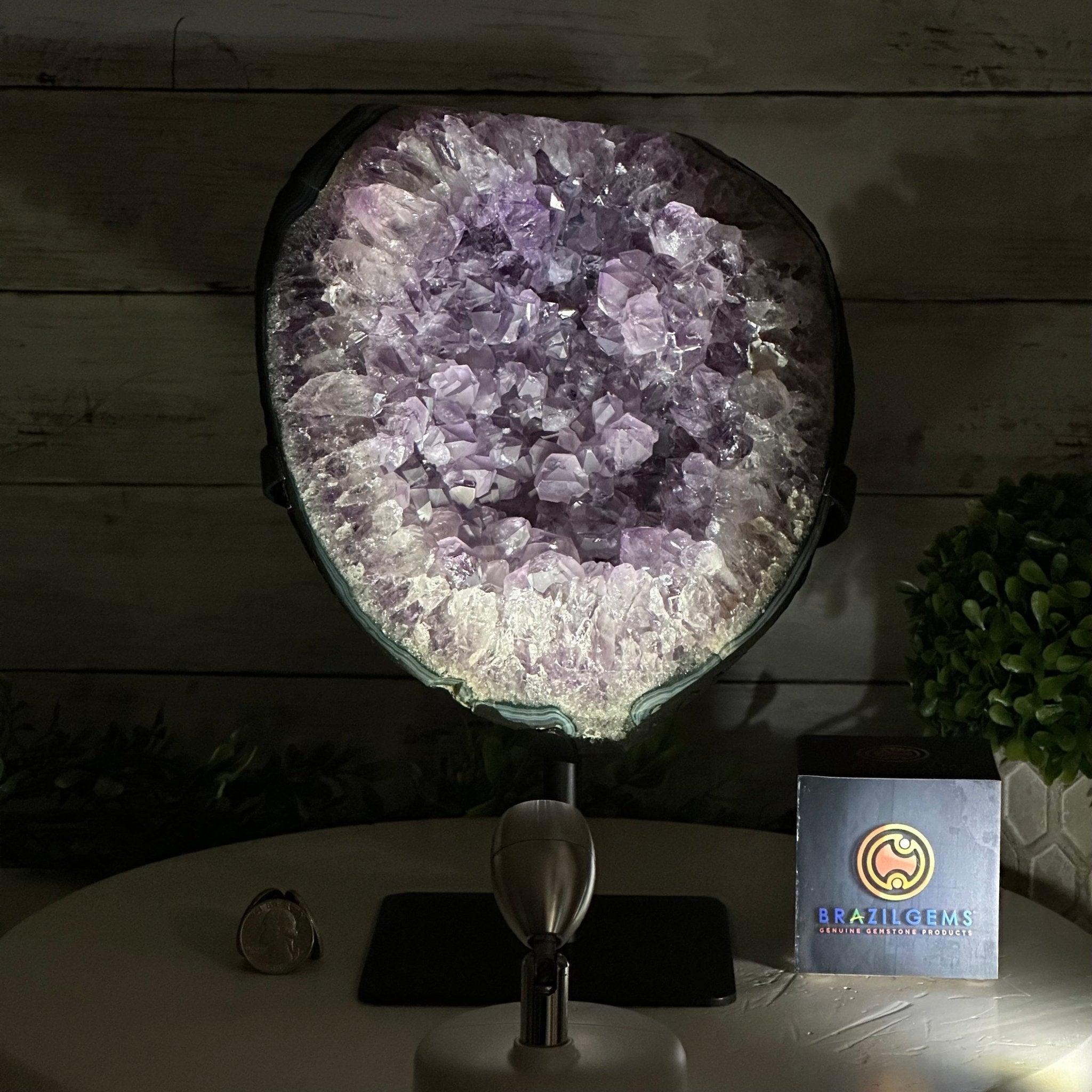 Quality Amethyst Cluster on a Metal Base, 13.3 lbs & 11" Tall #5491 - 0048 - Brazil GemsBrazil GemsQuality Amethyst Cluster on a Metal Base, 13.3 lbs & 11" Tall #5491 - 0048Clusters on Fixed Bases5491 - 0048