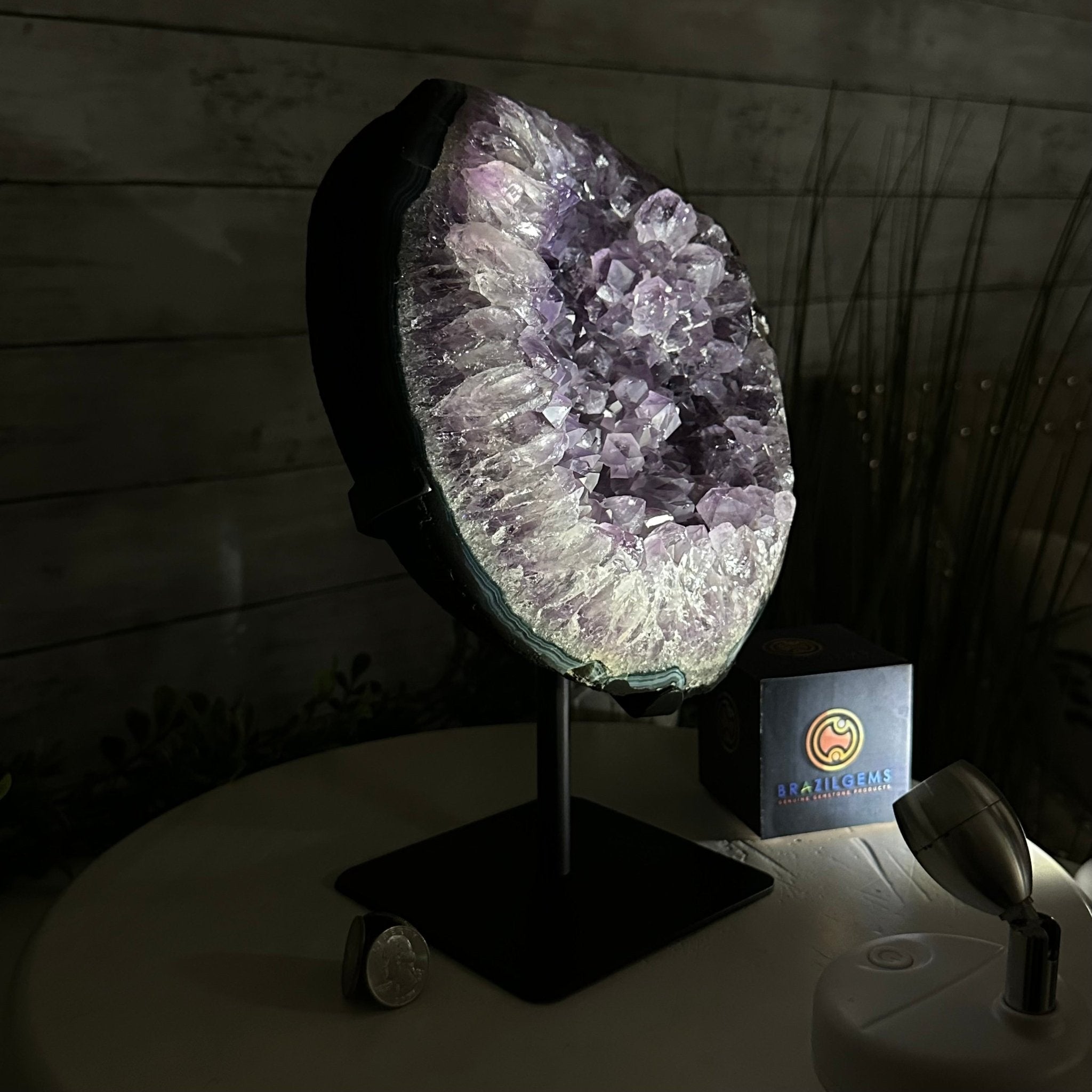 Quality Amethyst Cluster on a Metal Base, 13.3 lbs & 11" Tall #5491 - 0048 - Brazil GemsBrazil GemsQuality Amethyst Cluster on a Metal Base, 13.3 lbs & 11" Tall #5491 - 0048Clusters on Fixed Bases5491 - 0048