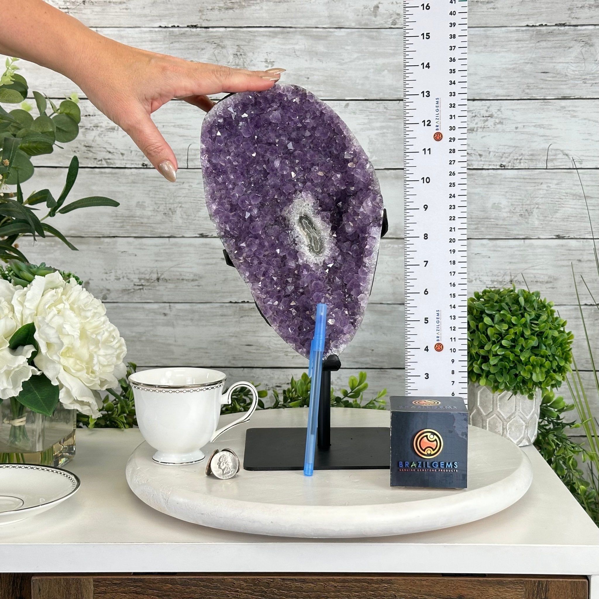 Quality Amethyst Cluster on a Metal Base, 13.9 lbs & 13.6" Tall #5491 - 0052 - Brazil GemsBrazil GemsQuality Amethyst Cluster on a Metal Base, 13.9 lbs & 13.6" Tall #5491 - 0052Clusters on Fixed Bases5491 - 0052