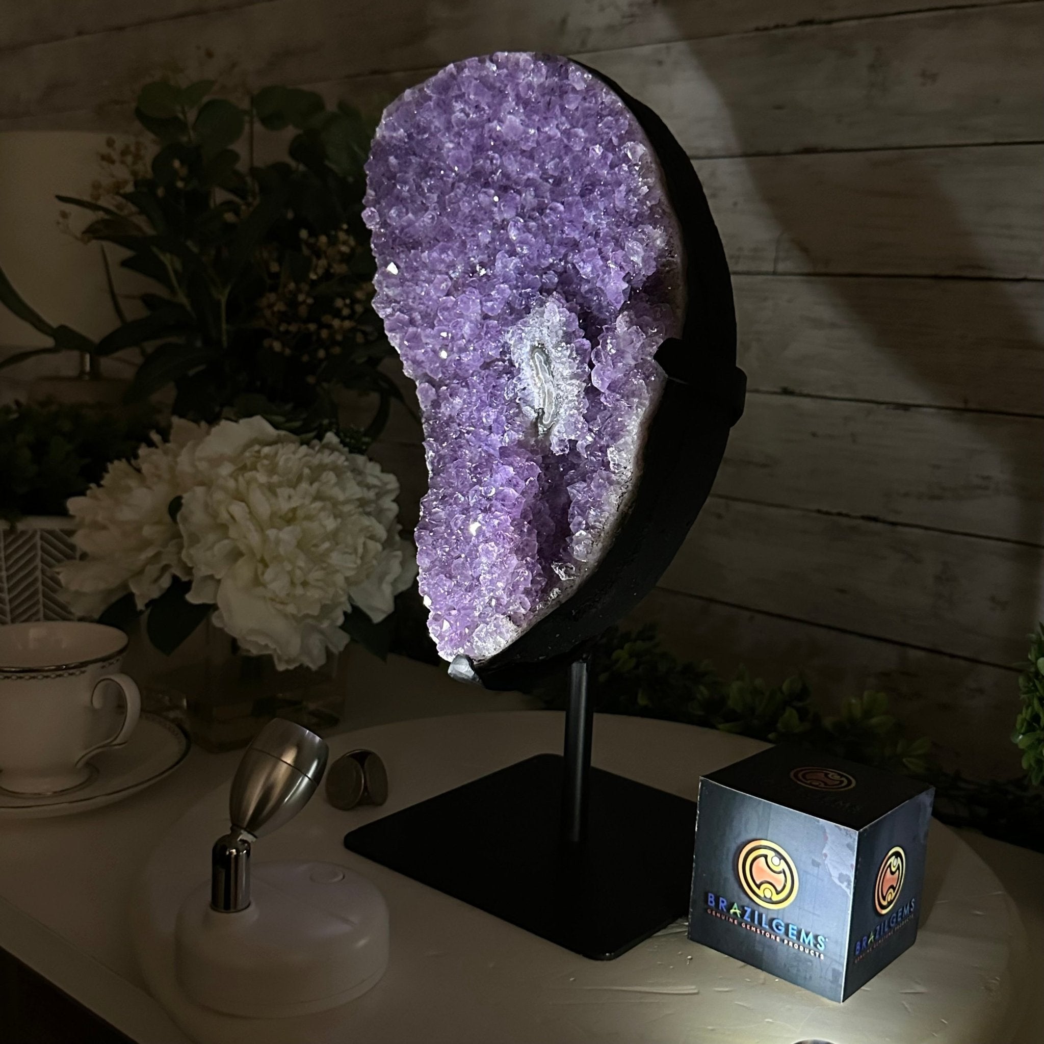 Quality Amethyst Cluster on a Metal Base, 13.9 lbs & 13.6" Tall #5491 - 0052 - Brazil GemsBrazil GemsQuality Amethyst Cluster on a Metal Base, 13.9 lbs & 13.6" Tall #5491 - 0052Clusters on Fixed Bases5491 - 0052