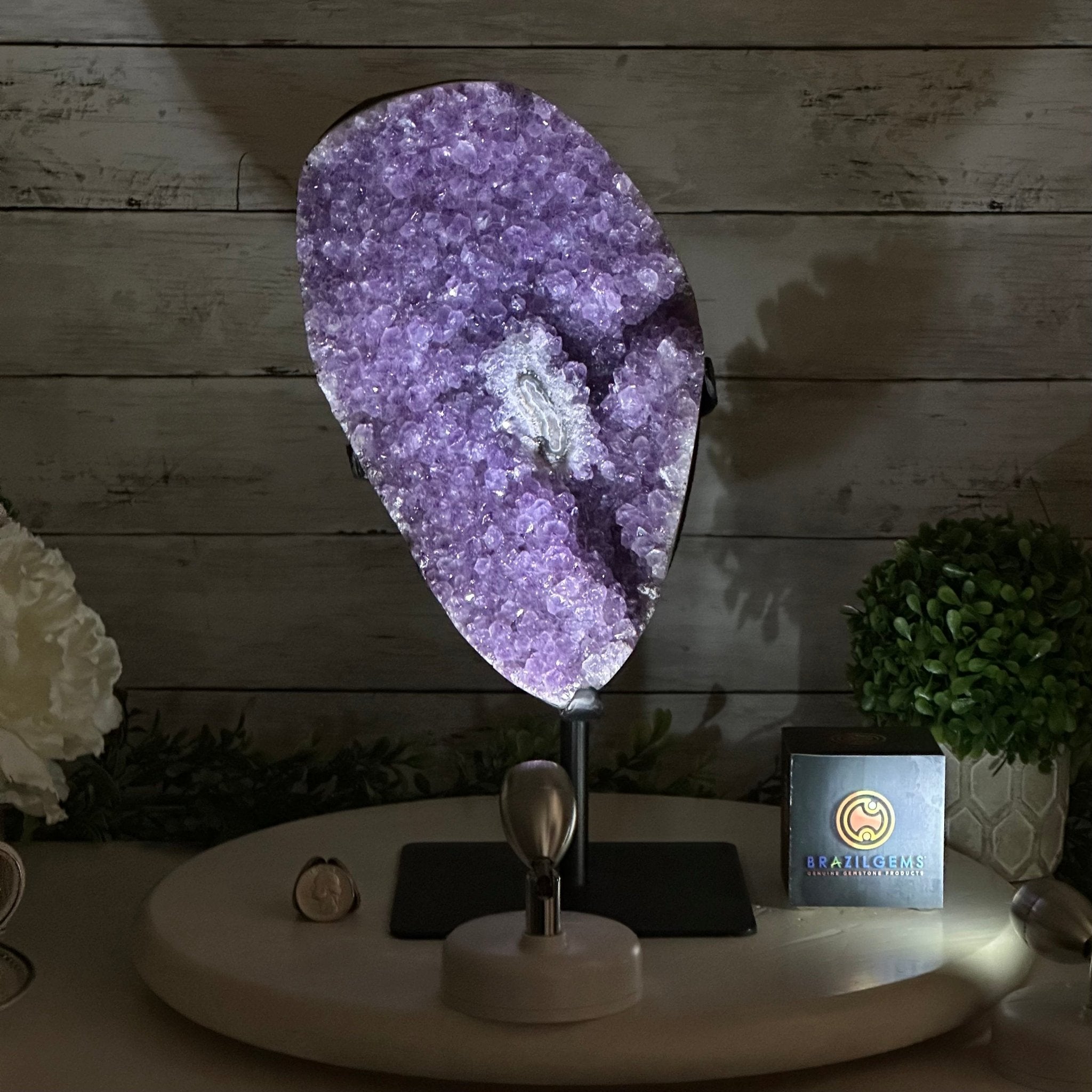 Quality Amethyst Cluster on a Metal Base, 13.9 lbs & 13.6" Tall #5491 - 0052 - Brazil GemsBrazil GemsQuality Amethyst Cluster on a Metal Base, 13.9 lbs & 13.6" Tall #5491 - 0052Clusters on Fixed Bases5491 - 0052