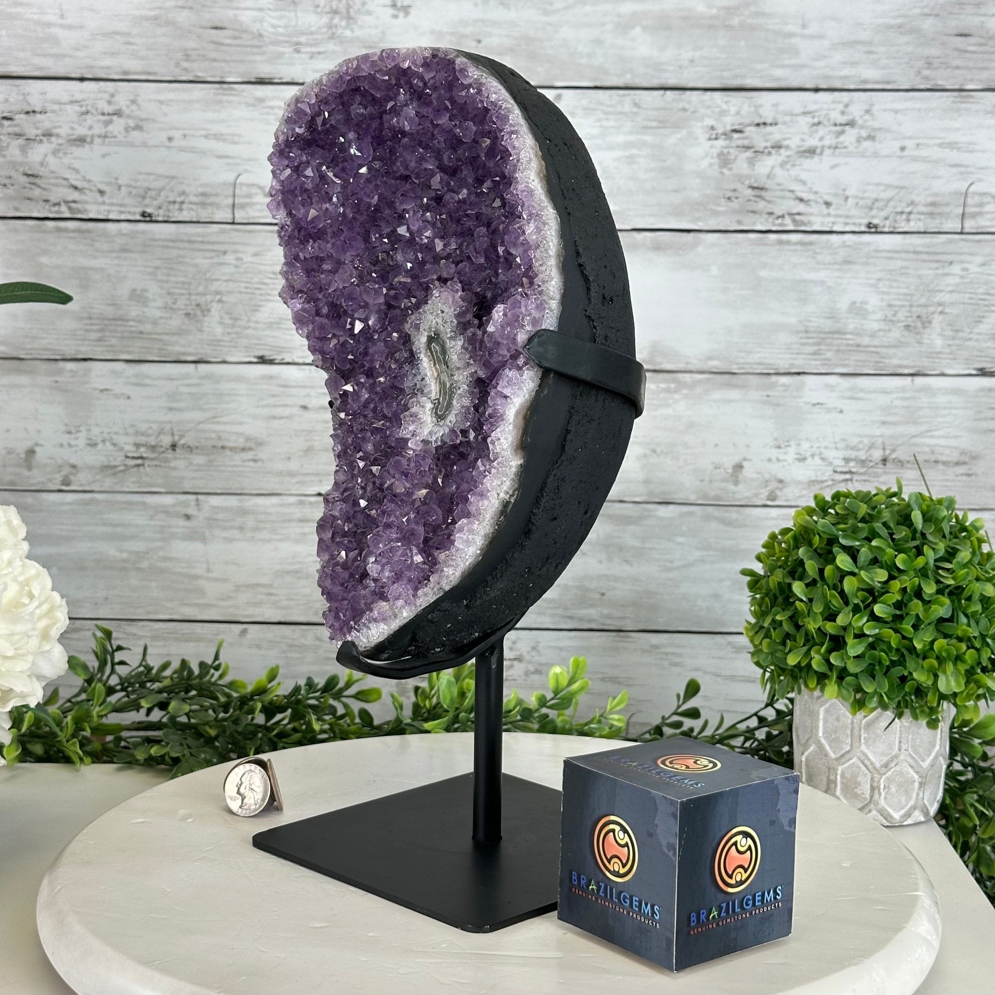 Quality Amethyst Cluster on a Metal Base, 13.9 lbs & 13.6" Tall #5491 - 0052 - Brazil GemsBrazil GemsQuality Amethyst Cluster on a Metal Base, 13.9 lbs & 13.6" Tall #5491 - 0052Clusters on Fixed Bases5491 - 0052