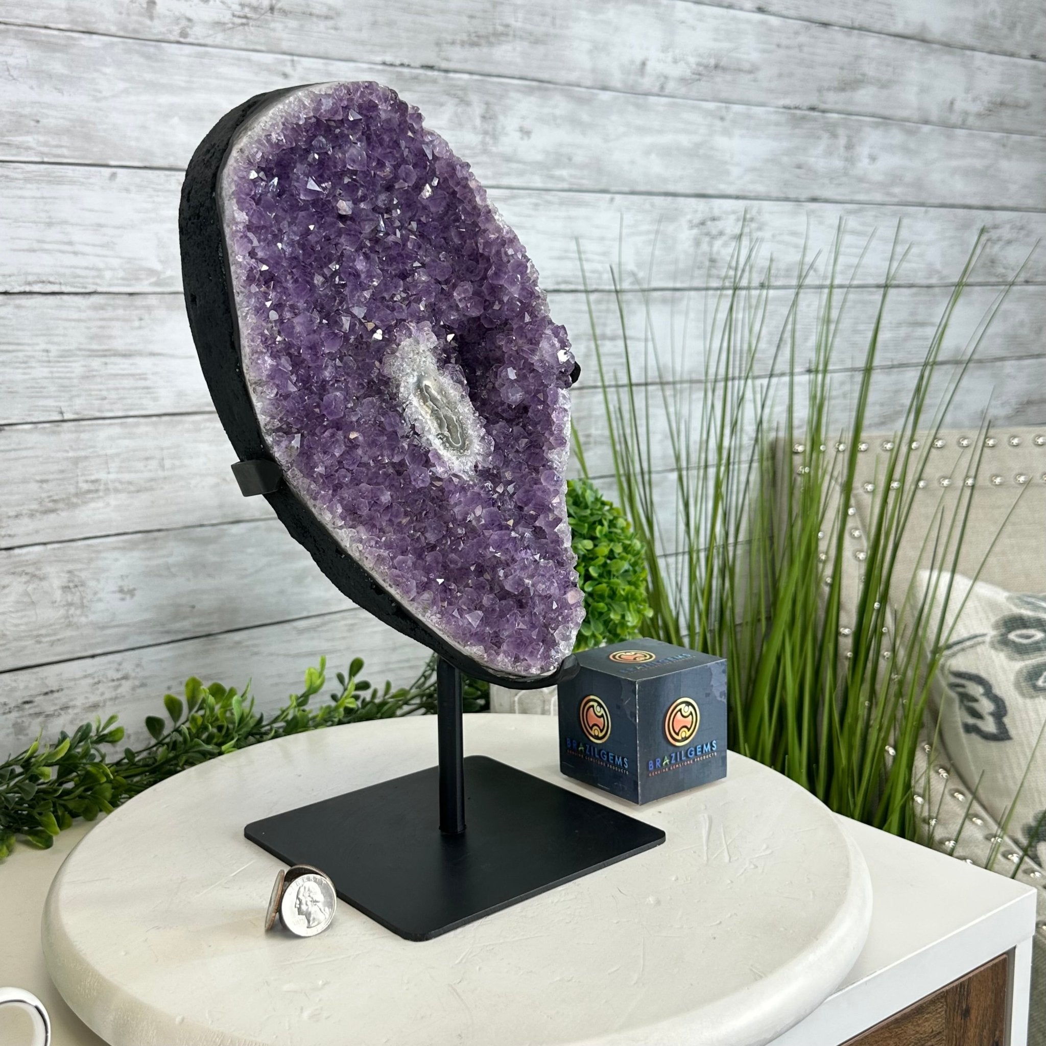 Quality Amethyst Cluster on a Metal Base, 13.9 lbs & 13.6" Tall #5491 - 0052 - Brazil GemsBrazil GemsQuality Amethyst Cluster on a Metal Base, 13.9 lbs & 13.6" Tall #5491 - 0052Clusters on Fixed Bases5491 - 0052