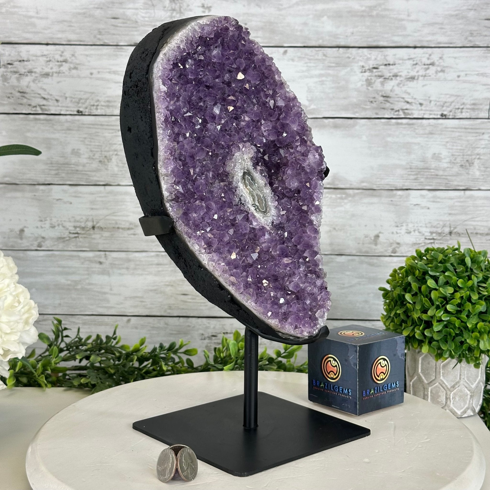 Quality Amethyst Cluster on a Metal Base, 13.9 lbs & 13.6" Tall #5491 - 0052 - Brazil GemsBrazil GemsQuality Amethyst Cluster on a Metal Base, 13.9 lbs & 13.6" Tall #5491 - 0052Clusters on Fixed Bases5491 - 0052