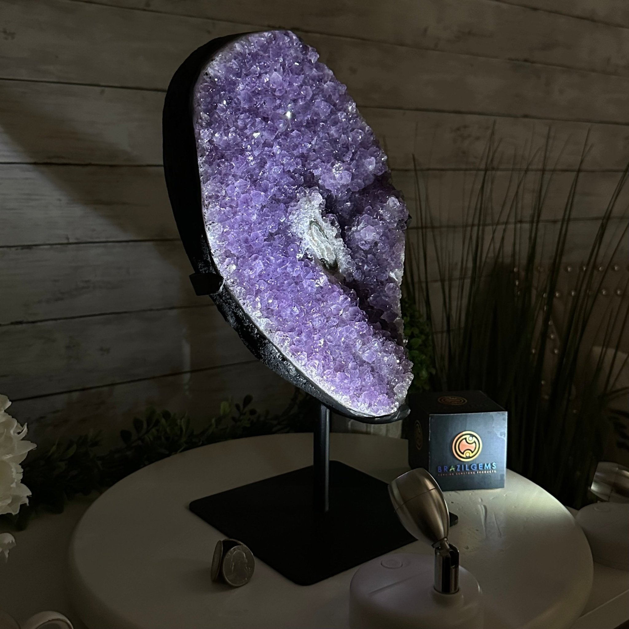 Quality Amethyst Cluster on a Metal Base, 13.9 lbs & 13.6" Tall #5491 - 0052 - Brazil GemsBrazil GemsQuality Amethyst Cluster on a Metal Base, 13.9 lbs & 13.6" Tall #5491 - 0052Clusters on Fixed Bases5491 - 0052