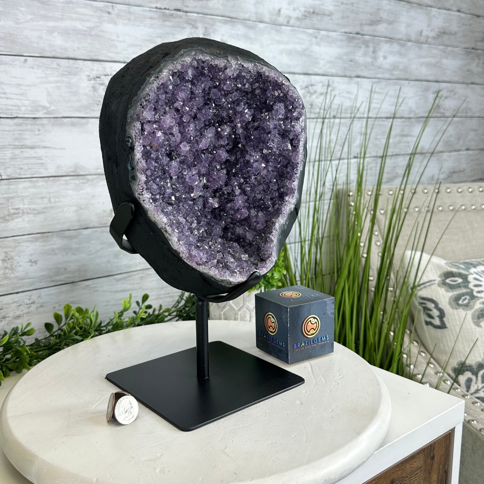 Quality Amethyst Cluster on a Metal Base, 16.9 lbs & 12.5" Tall #5491 - 0058 - Brazil GemsBrazil GemsQuality Amethyst Cluster on a Metal Base, 16.9 lbs & 12.5" Tall #5491 - 0058Clusters on Fixed Bases5491 - 0058