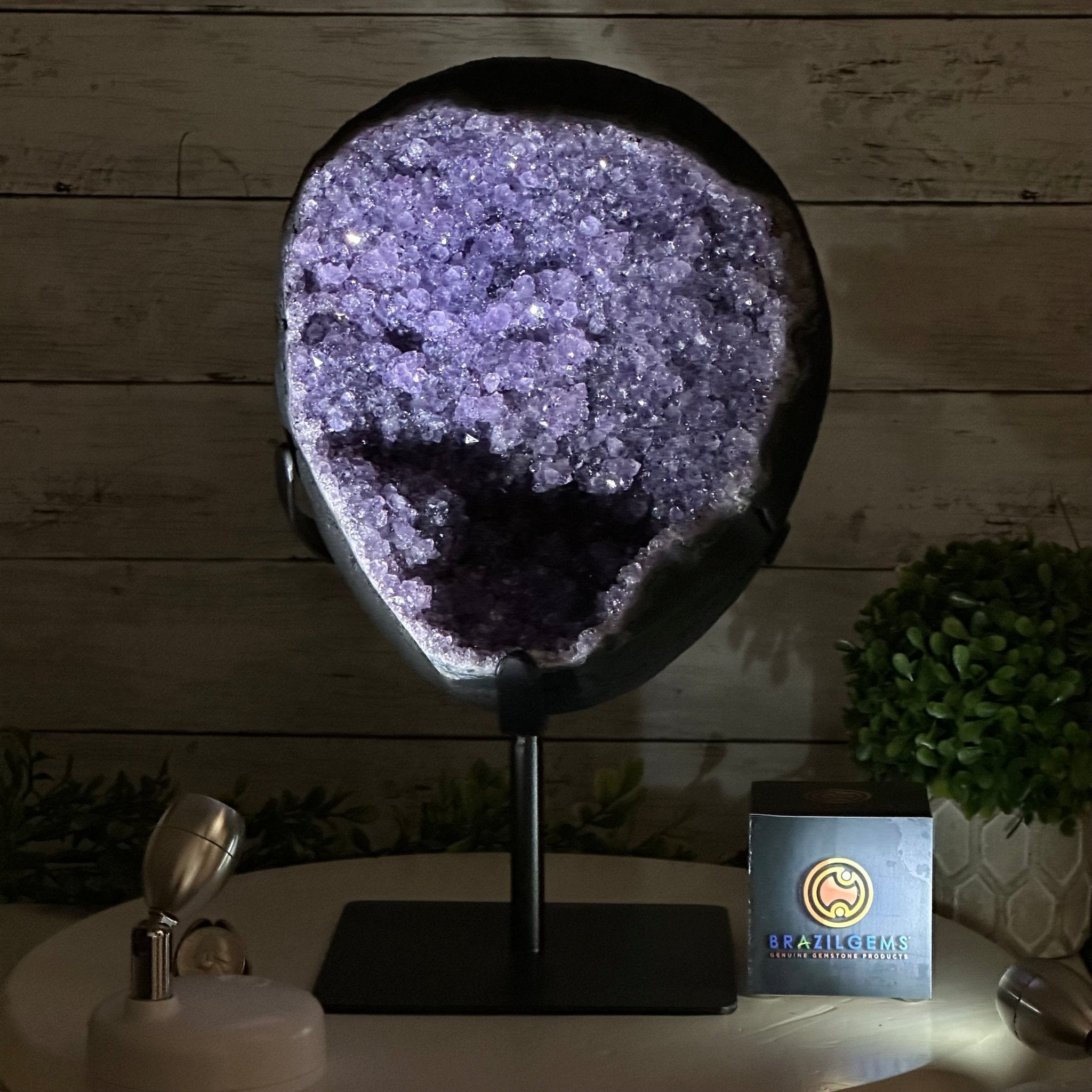 Quality Amethyst Cluster on a Metal Base, 16.9 lbs & 12.5" Tall #5491 - 0058 - Brazil GemsBrazil GemsQuality Amethyst Cluster on a Metal Base, 16.9 lbs & 12.5" Tall #5491 - 0058Clusters on Fixed Bases5491 - 0058