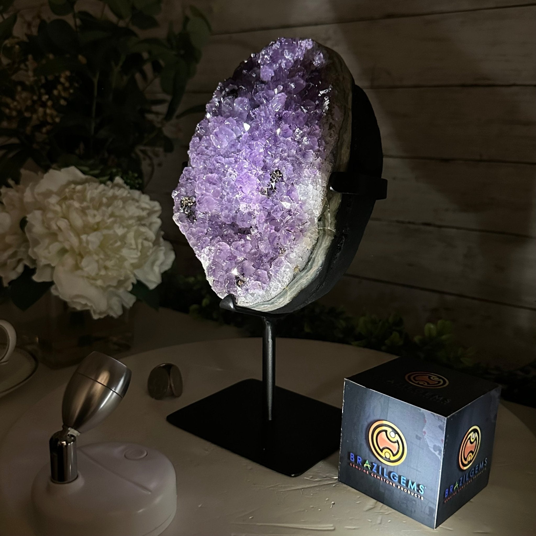 Quality Amethyst Cluster on a Metal Base, 8.5 lbs & 10.5" Tall #5491 - 0050 - Brazil GemsBrazil GemsQuality Amethyst Cluster on a Metal Base, 8.5 lbs & 10.5" Tall #5491 - 0050Clusters on Fixed Bases5491 - 0050