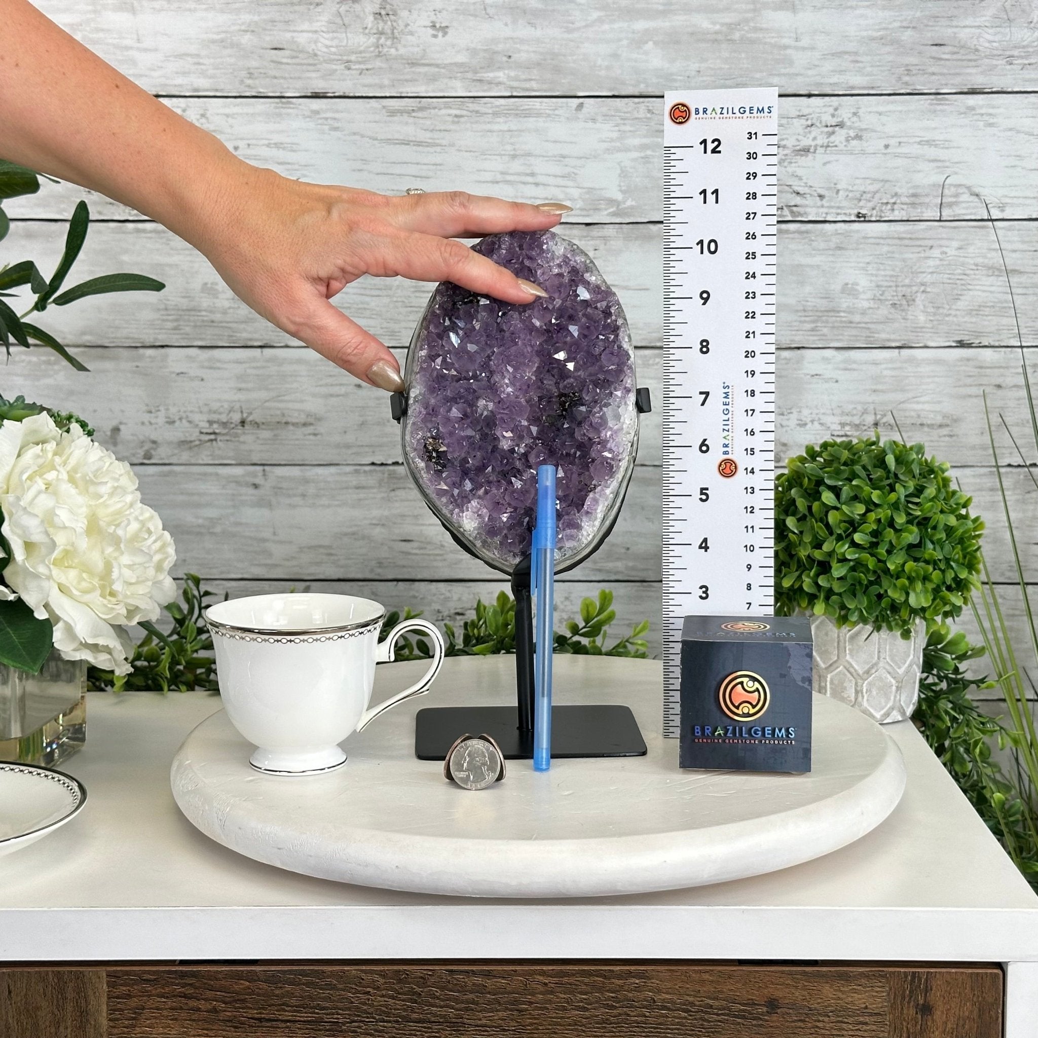 Quality Amethyst Cluster on a Metal Base, 8.5 lbs & 10.5" Tall #5491 - 0050 - Brazil GemsBrazil GemsQuality Amethyst Cluster on a Metal Base, 8.5 lbs & 10.5" Tall #5491 - 0050Clusters on Fixed Bases5491 - 0050