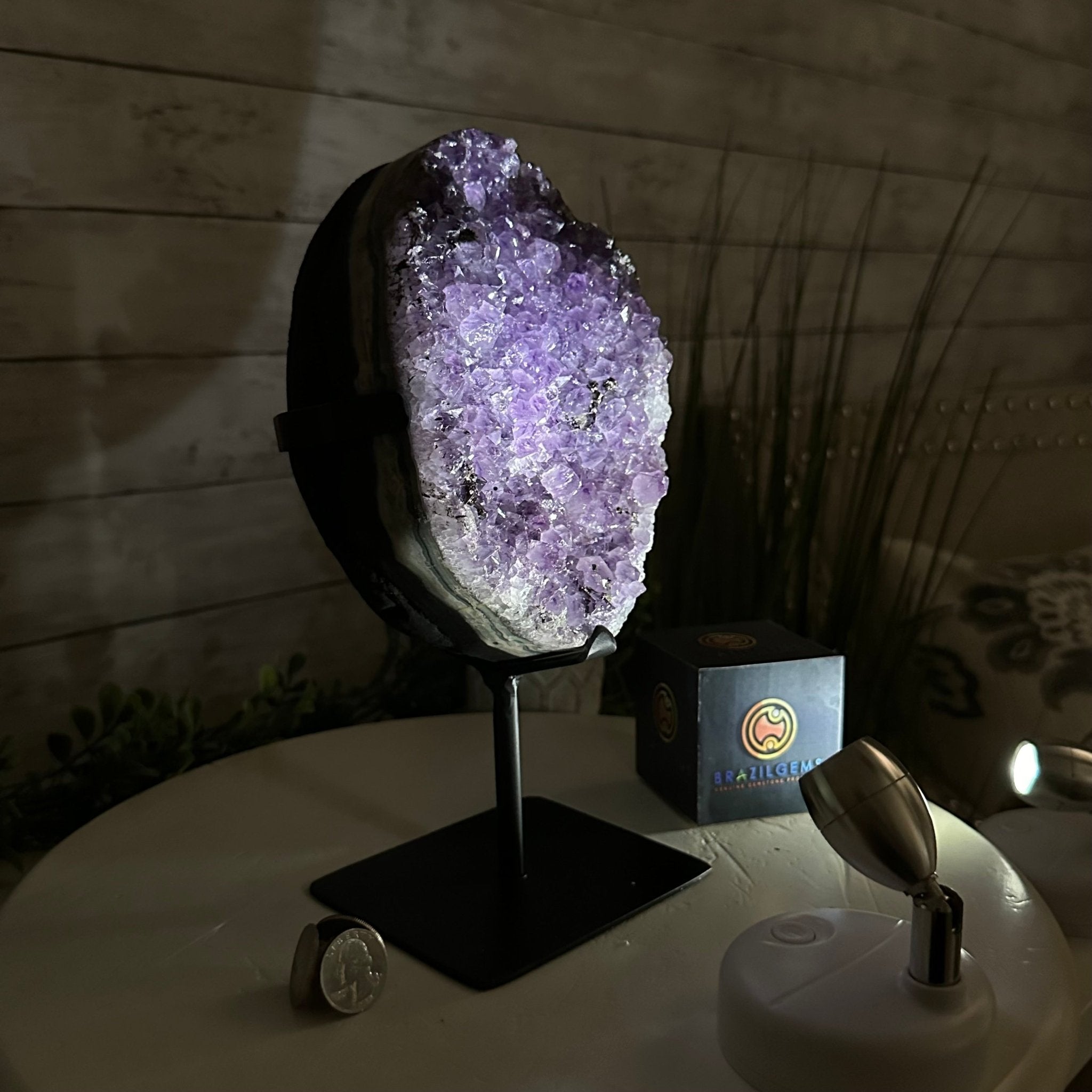 Quality Amethyst Cluster on a Metal Base, 8.5 lbs & 10.5" Tall #5491 - 0050 - Brazil GemsBrazil GemsQuality Amethyst Cluster on a Metal Base, 8.5 lbs & 10.5" Tall #5491 - 0050Clusters on Fixed Bases5491 - 0050