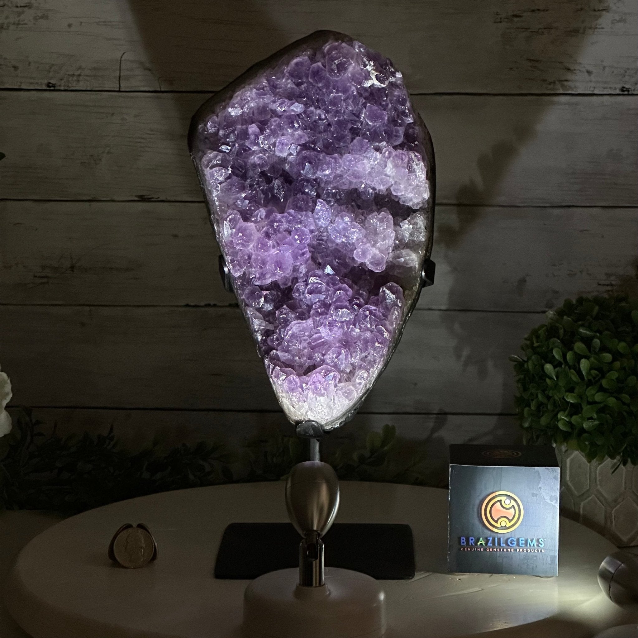 Quality Amethyst Cluster on a Metal Base, 9.3 lbs & 12.5" Tall #5491 - 0051 - Brazil GemsBrazil GemsQuality Amethyst Cluster on a Metal Base, 9.3 lbs & 12.5" Tall #5491 - 0051Clusters on Fixed Bases5491 - 0051