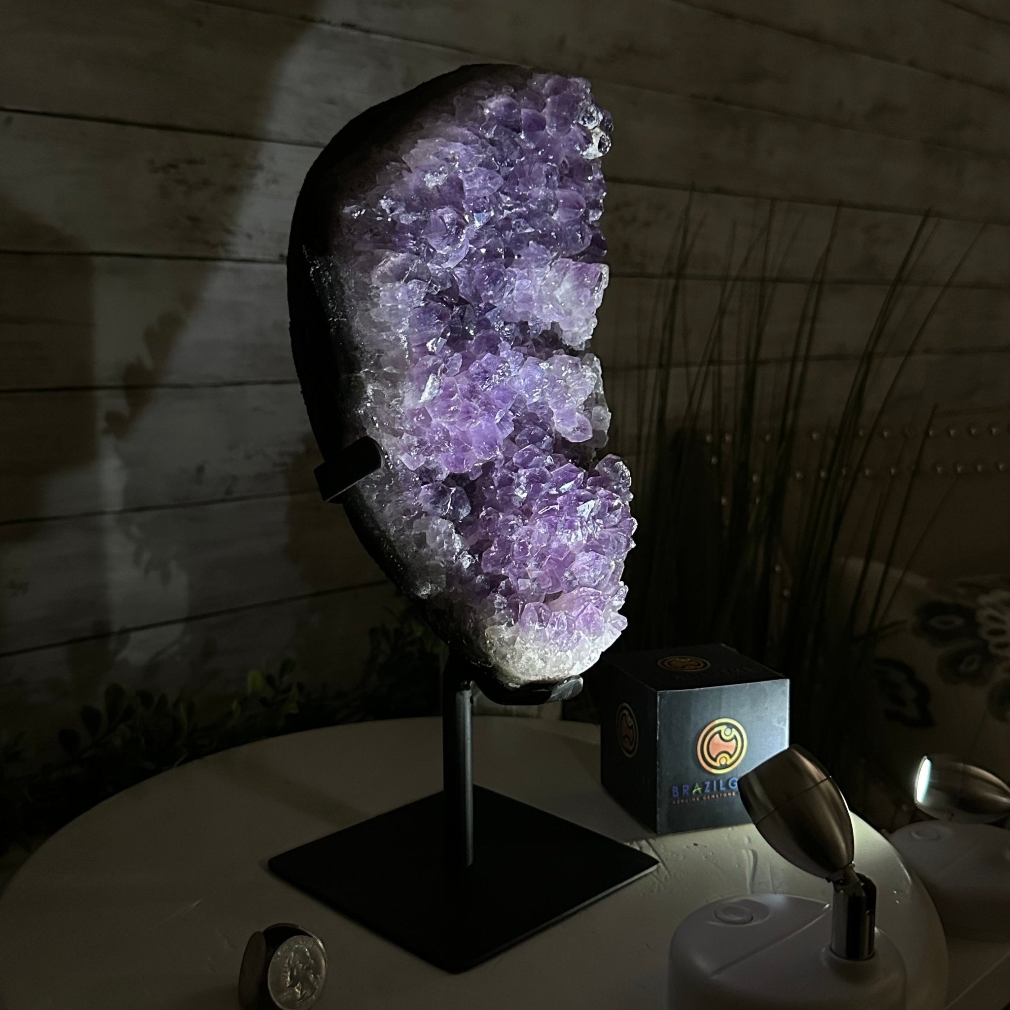 Quality Amethyst Cluster on a Metal Base, 9.3 lbs & 12.5" Tall #5491 - 0051 - Brazil GemsBrazil GemsQuality Amethyst Cluster on a Metal Base, 9.3 lbs & 12.5" Tall #5491 - 0051Clusters on Fixed Bases5491 - 0051
