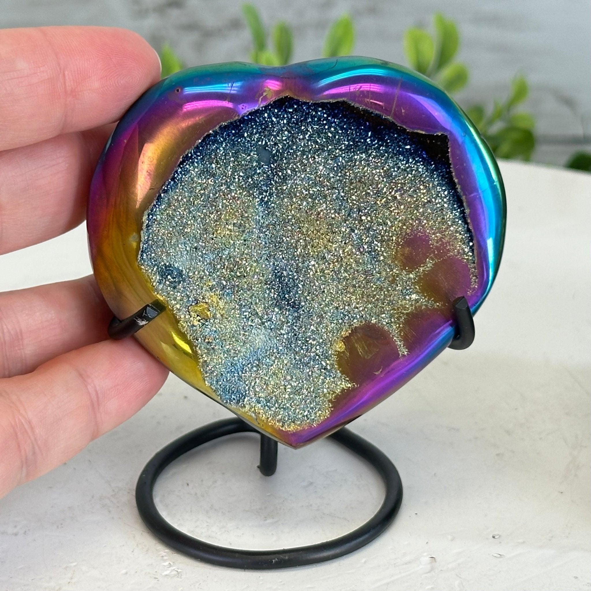 Rainbow Aura Amethyst Heart on a Metal Stand, 0.4 lbs & 3.5" Tall #5463RA-013 - Brazil GemsBrazil GemsRainbow Aura Amethyst Heart on a Metal Stand, 0.4 lbs & 3.5" Tall #5463RA-013Hearts5463RA-013