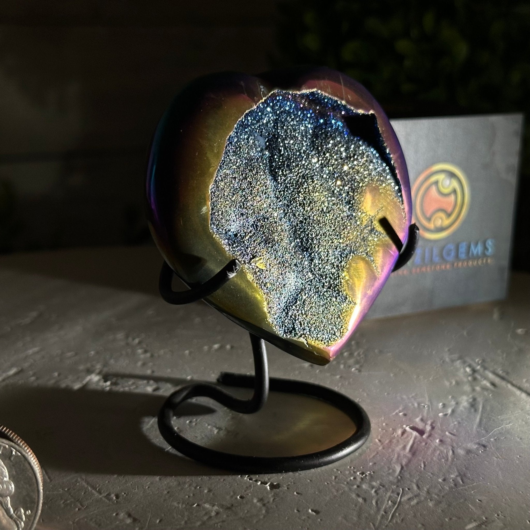 Rainbow Aura Amethyst Heart on a Metal Stand, 0.4 lbs & 3.5" Tall #5463RA-013 - Brazil GemsBrazil GemsRainbow Aura Amethyst Heart on a Metal Stand, 0.4 lbs & 3.5" Tall #5463RA-013Hearts5463RA-013