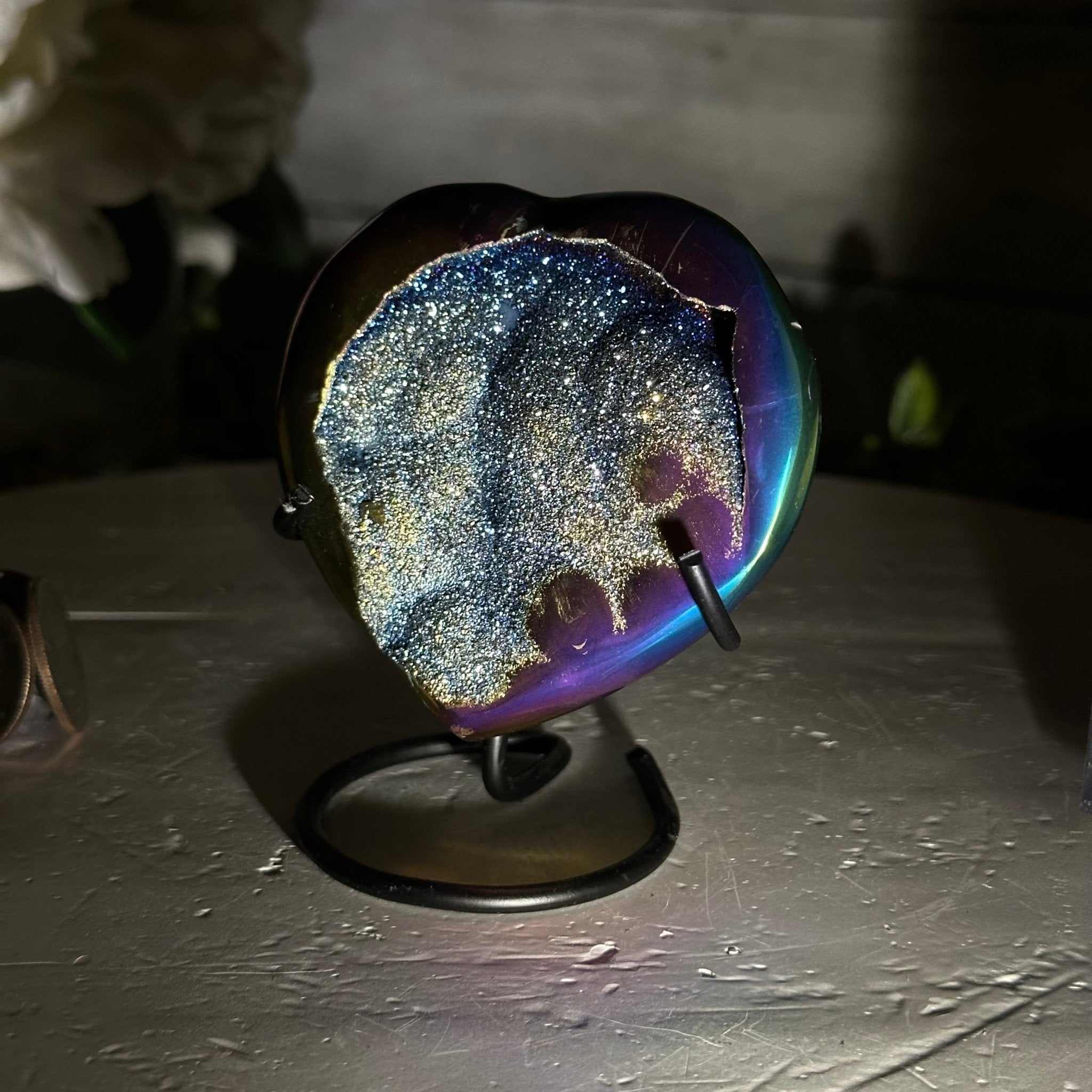 Rainbow Aura Amethyst Heart on a Metal Stand, 0.4 lbs & 3.5" Tall #5463RA-013 - Brazil GemsBrazil GemsRainbow Aura Amethyst Heart on a Metal Stand, 0.4 lbs & 3.5" Tall #5463RA-013Hearts5463RA-013