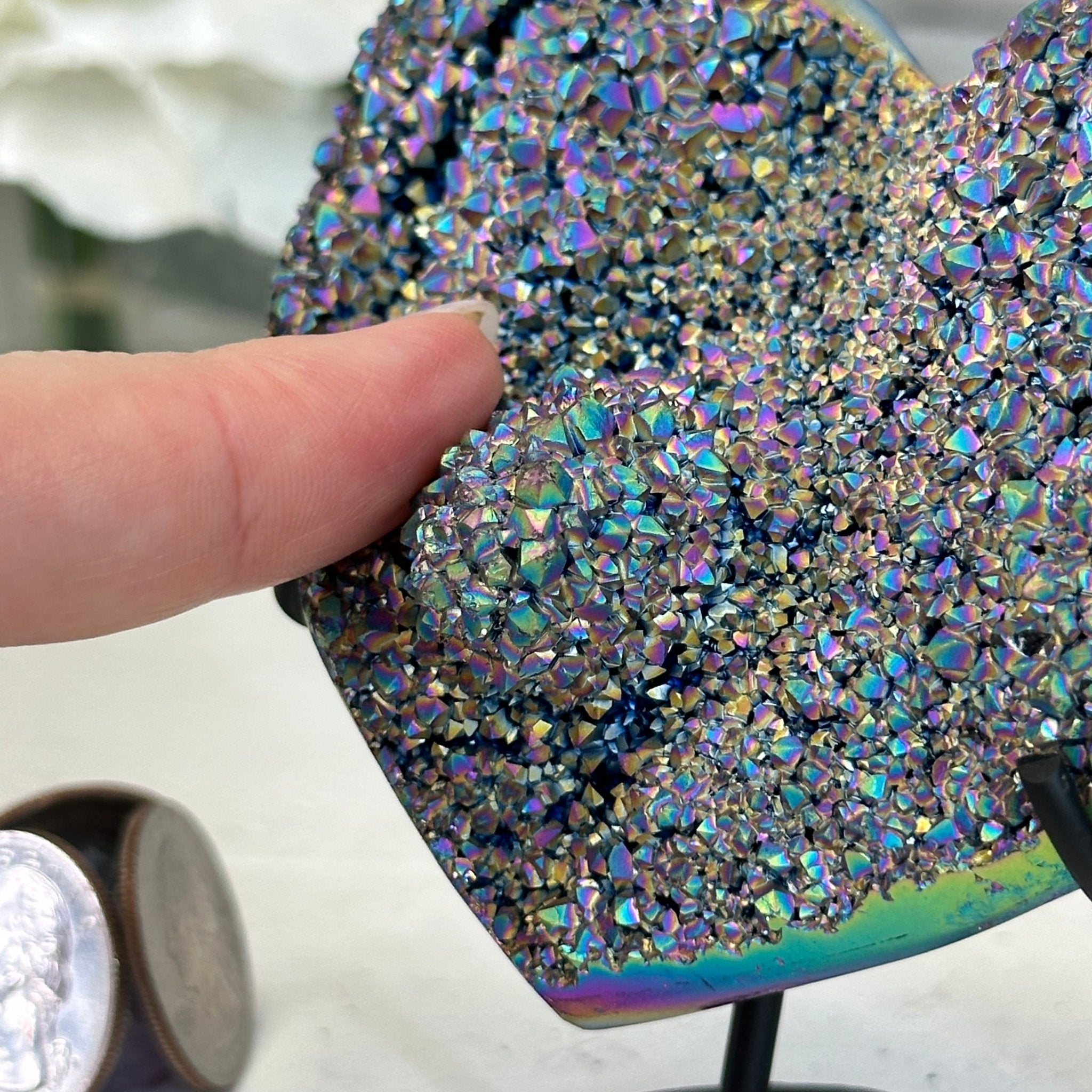 Rainbow Aura Amethyst Heart on a Metal Stand, 0.4 lbs & 3.8" Tall #5463RA-014 - Brazil GemsBrazil GemsRainbow Aura Amethyst Heart on a Metal Stand, 0.4 lbs & 3.8" Tall #5463RA-014Hearts5463RA-014