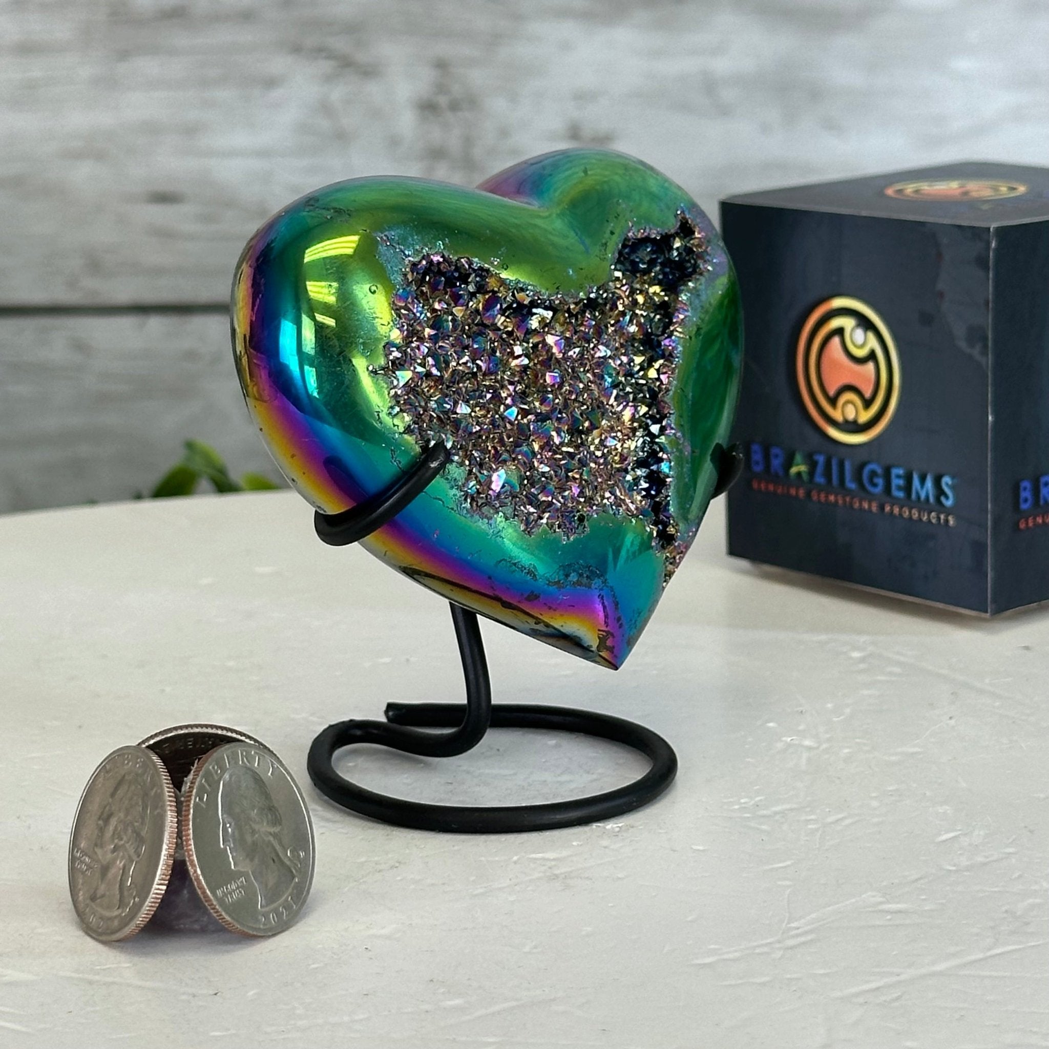 Rainbow Aura Amethyst Heart on a Metal Stand, 0.6 lbs & 3.6" Tall #5463RA-017 - Brazil GemsBrazil GemsRainbow Aura Amethyst Heart on a Metal Stand, 0.6 lbs & 3.6" Tall #5463RA-017Hearts5463RA-017