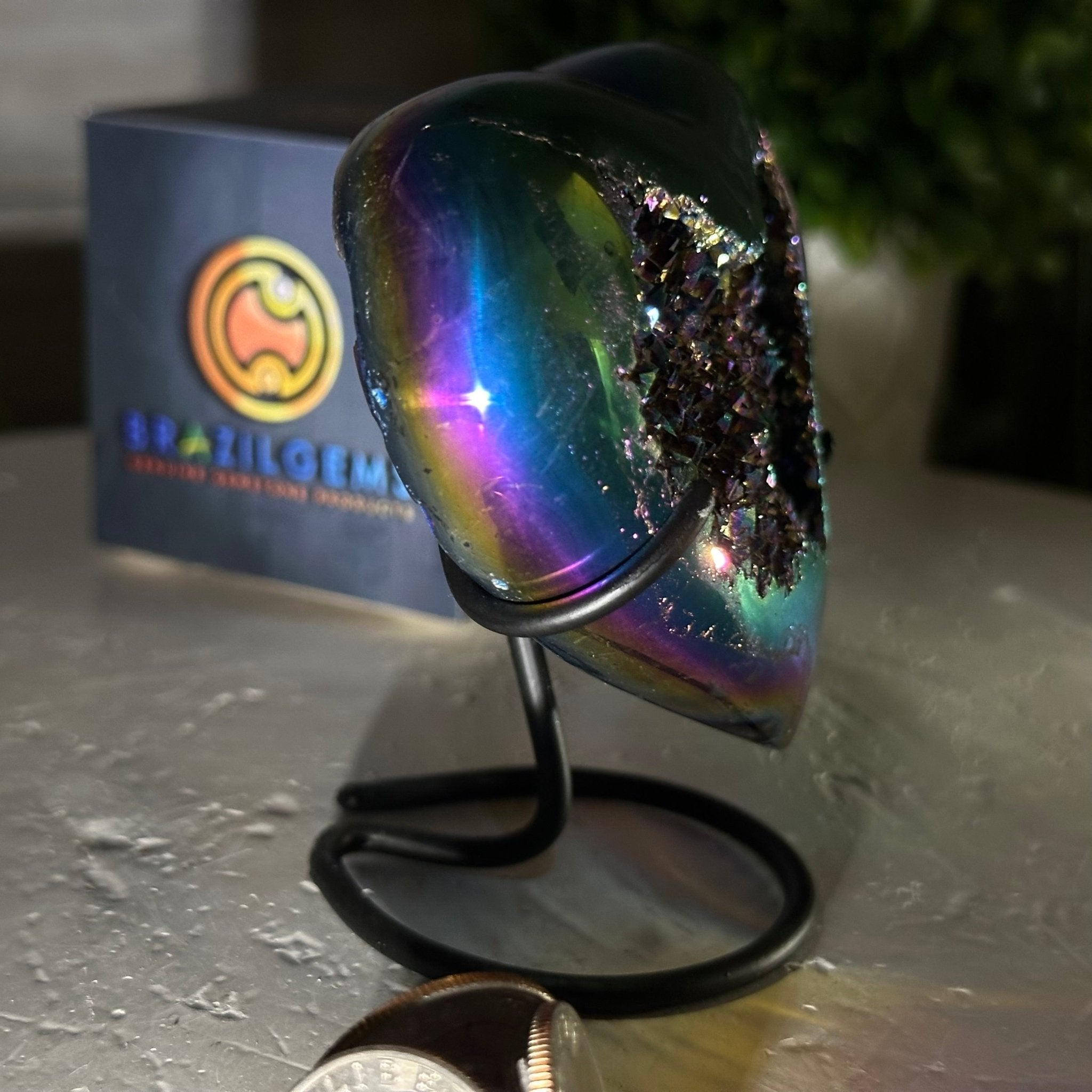 Rainbow Aura Amethyst Heart on a Metal Stand, 0.6 lbs & 3.6" Tall #5463RA-017 - Brazil GemsBrazil GemsRainbow Aura Amethyst Heart on a Metal Stand, 0.6 lbs & 3.6" Tall #5463RA-017Hearts5463RA-017