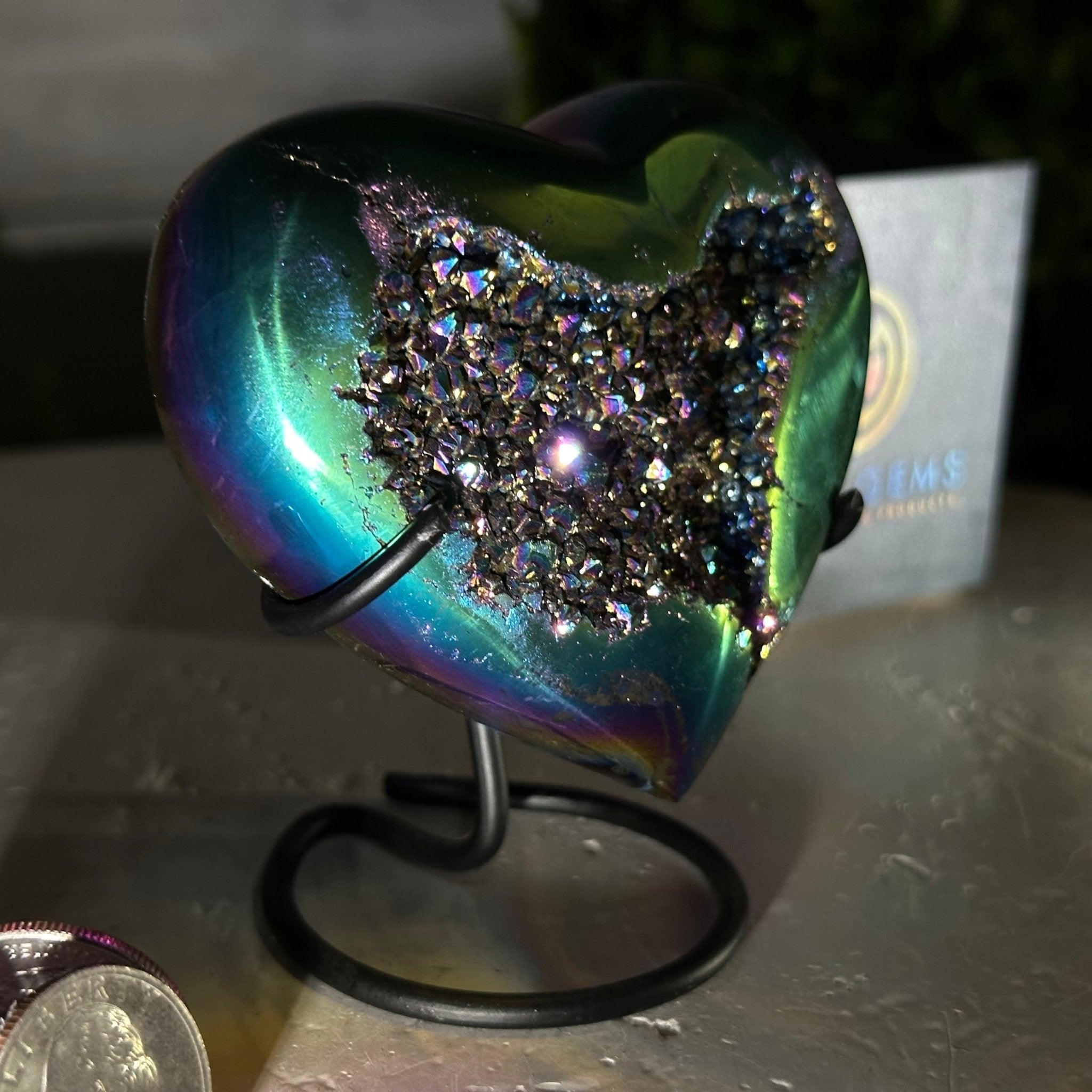 Rainbow Aura Amethyst Heart on a Metal Stand, 0.6 lbs & 3.6" Tall #5463RA-017 - Brazil GemsBrazil GemsRainbow Aura Amethyst Heart on a Metal Stand, 0.6 lbs & 3.6" Tall #5463RA-017Hearts5463RA-017