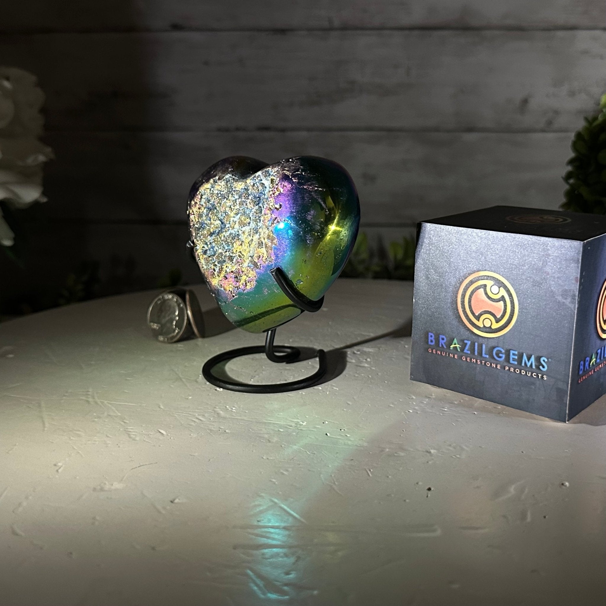 Rainbow Aura Amethyst Heart on a Metal Stand, 0.8 lbs & 3.8" Tall #5463RA-020 - Brazil GemsBrazil GemsRainbow Aura Amethyst Heart on a Metal Stand, 0.8 lbs & 3.8" Tall #5463RA-020Hearts5463RA-020
