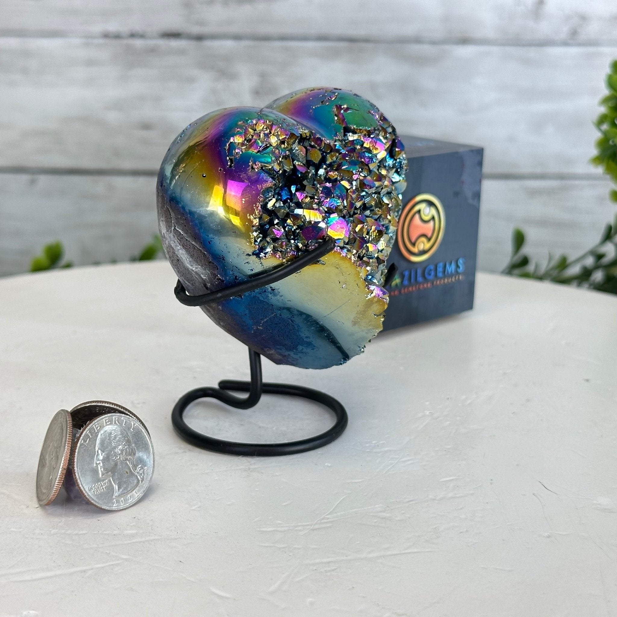 Rainbow Aura Amethyst Heart on a Metal Stand, 1 lbs & 4" Tall #5463RA-021 - Brazil GemsBrazil GemsRainbow Aura Amethyst Heart on a Metal Stand, 1 lbs & 4" Tall #5463RA-021Hearts5463RA-021