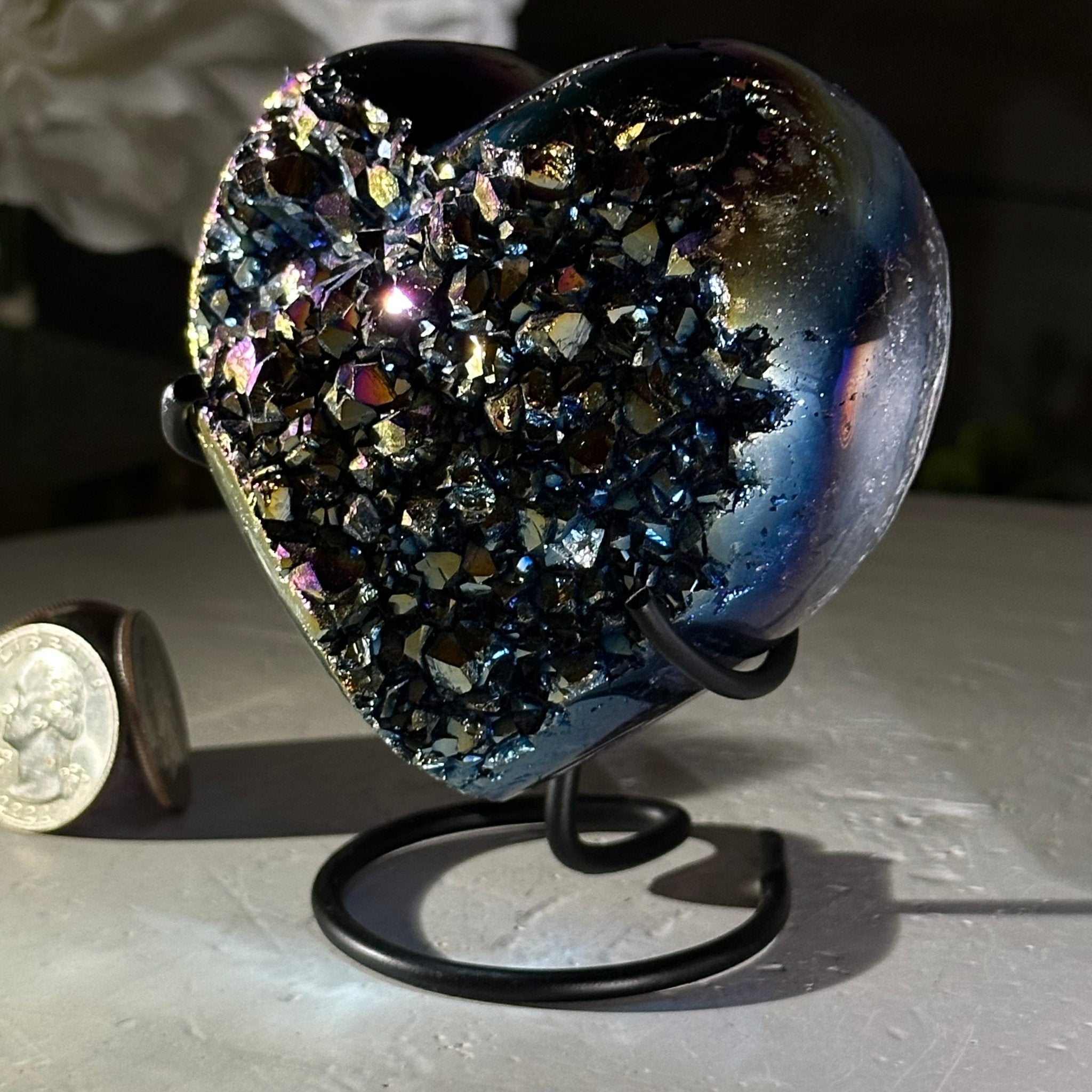 Rainbow Aura Amethyst Heart on a Metal Stand, 1 lbs & 4" Tall #5463RA-021 - Brazil GemsBrazil GemsRainbow Aura Amethyst Heart on a Metal Stand, 1 lbs & 4" Tall #5463RA-021Hearts5463RA-021